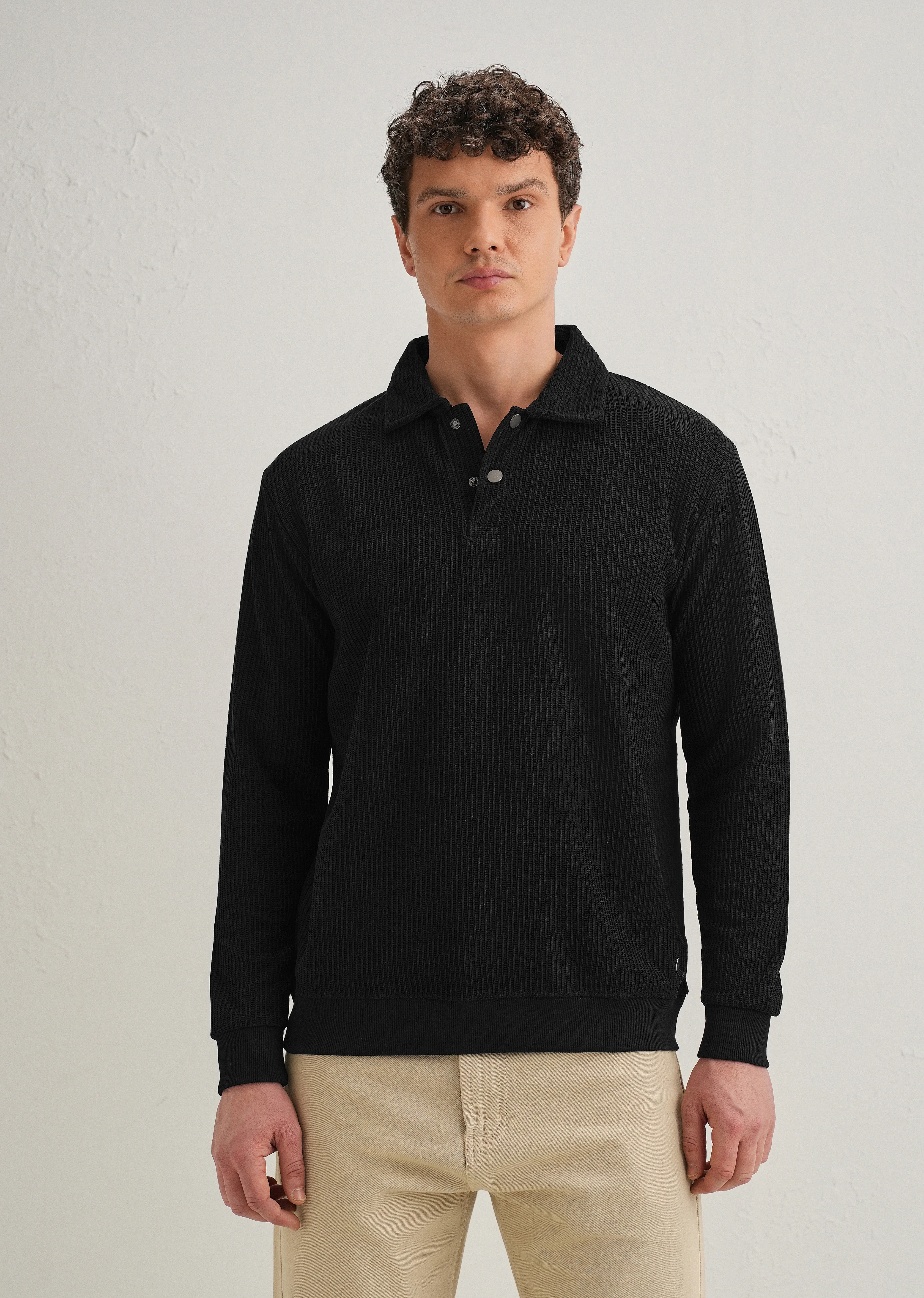 Black Waffle Knit Polo Sweatshirt - Image 6