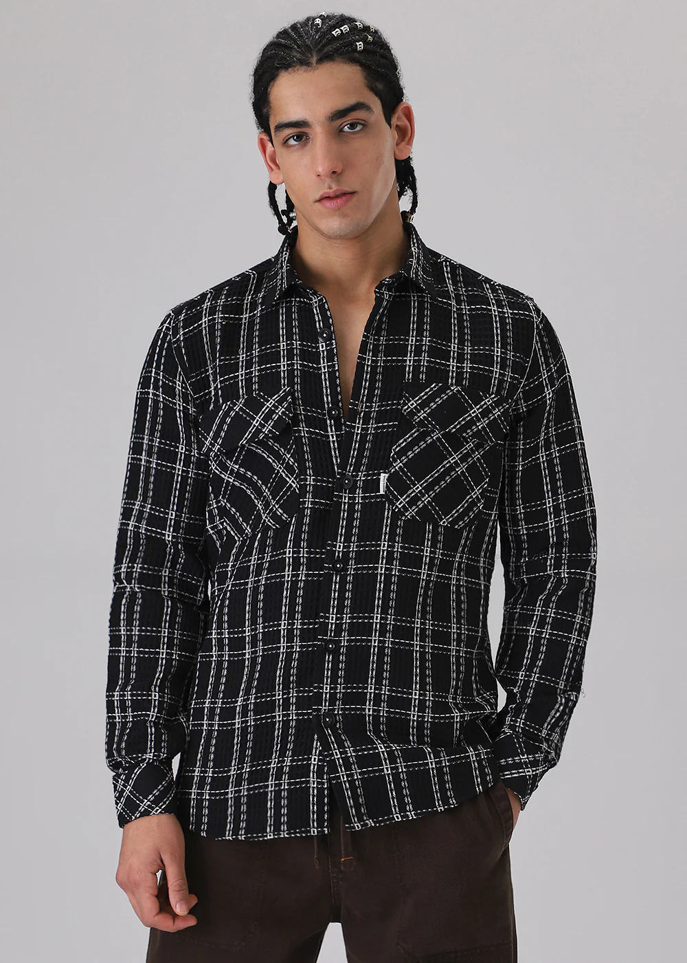 Black Waffle Plaid Check Shirt - Image 3