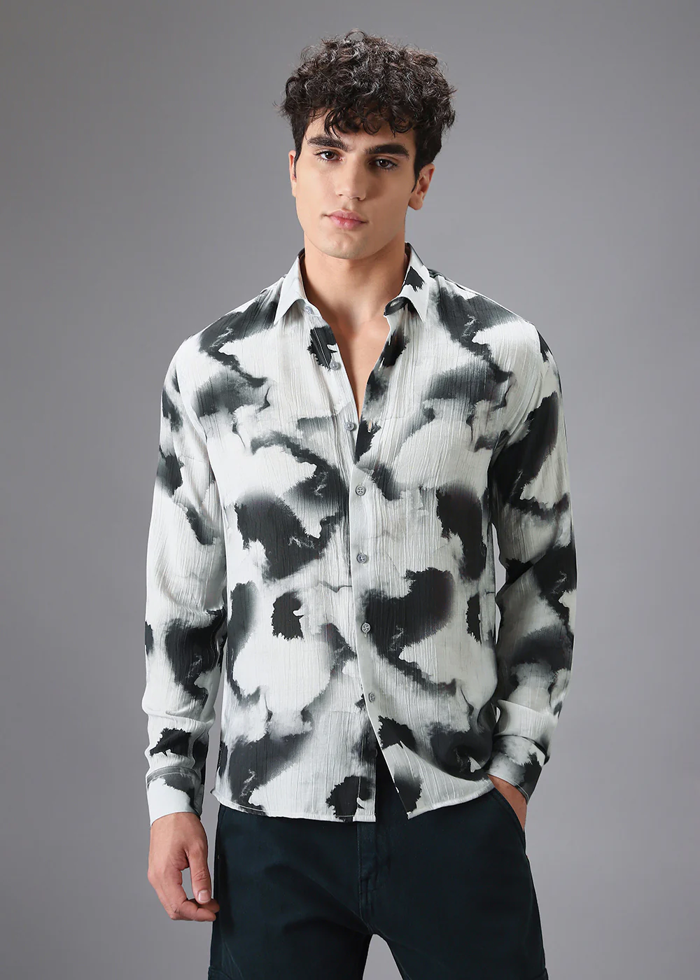 Black Wash Crushed Printed Shirt - Image 3