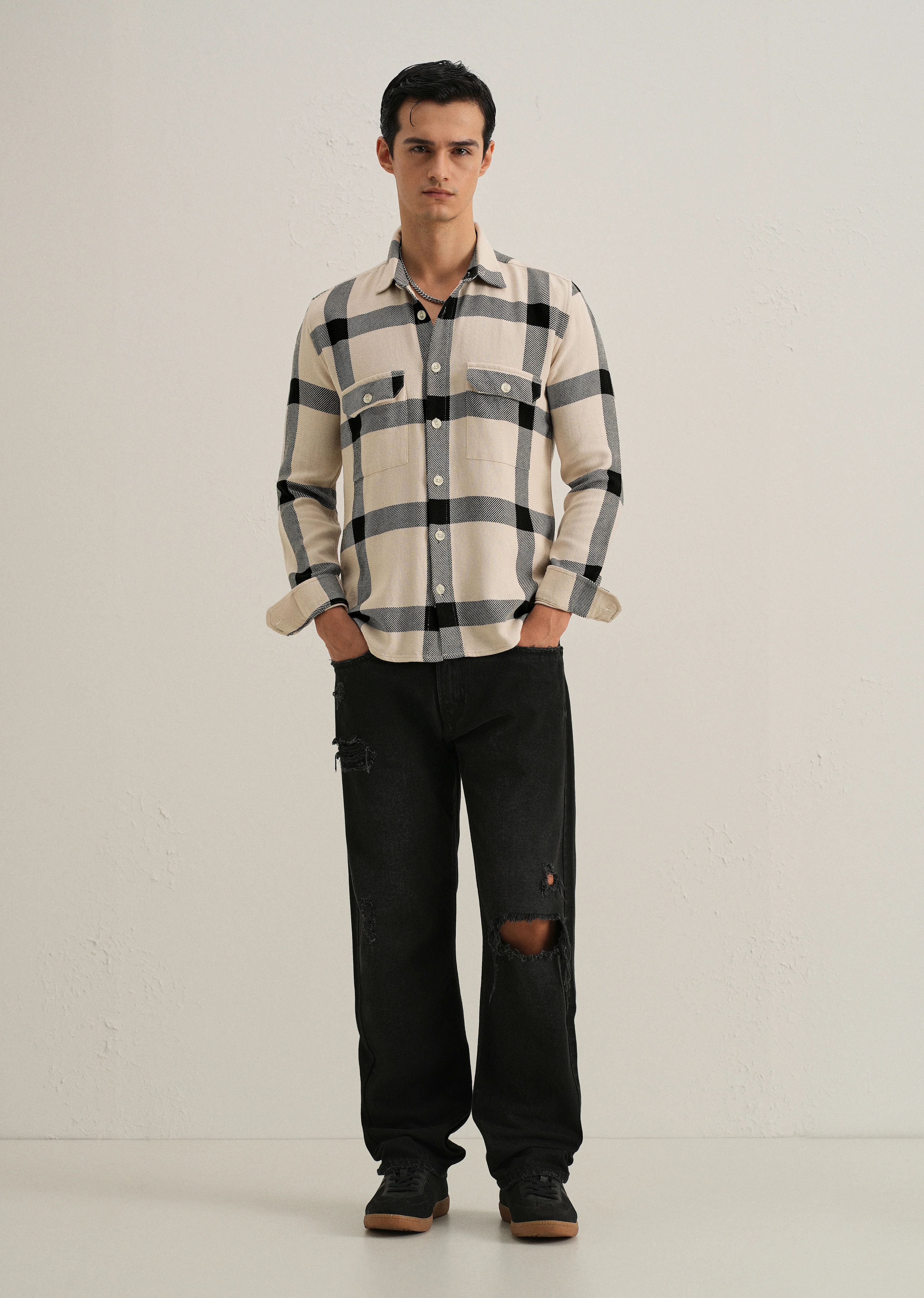 Black & White Brushed Cotton Check Shirt - Image 6