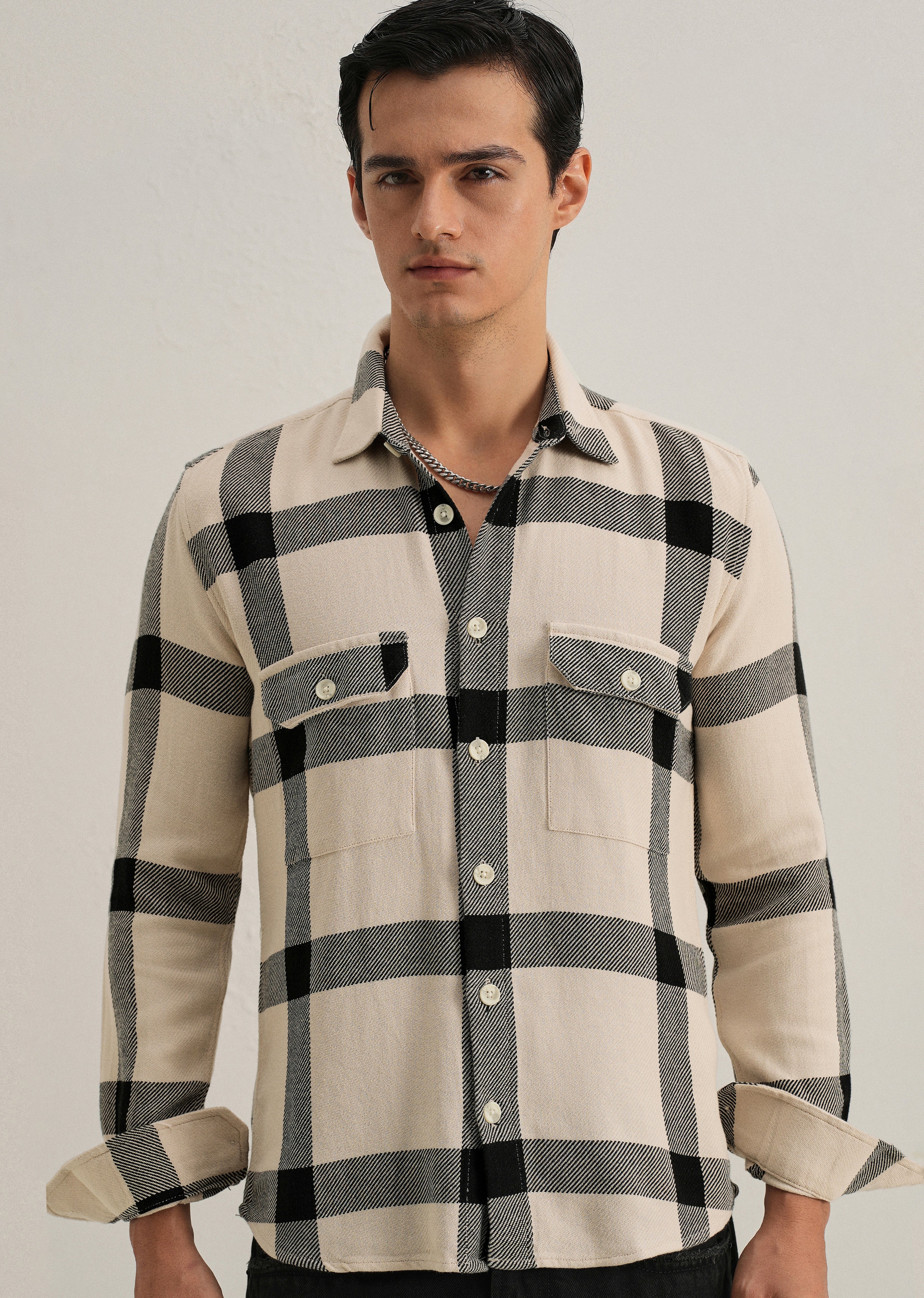 Black & White Brushed Cotton Check Shirt - Image 7