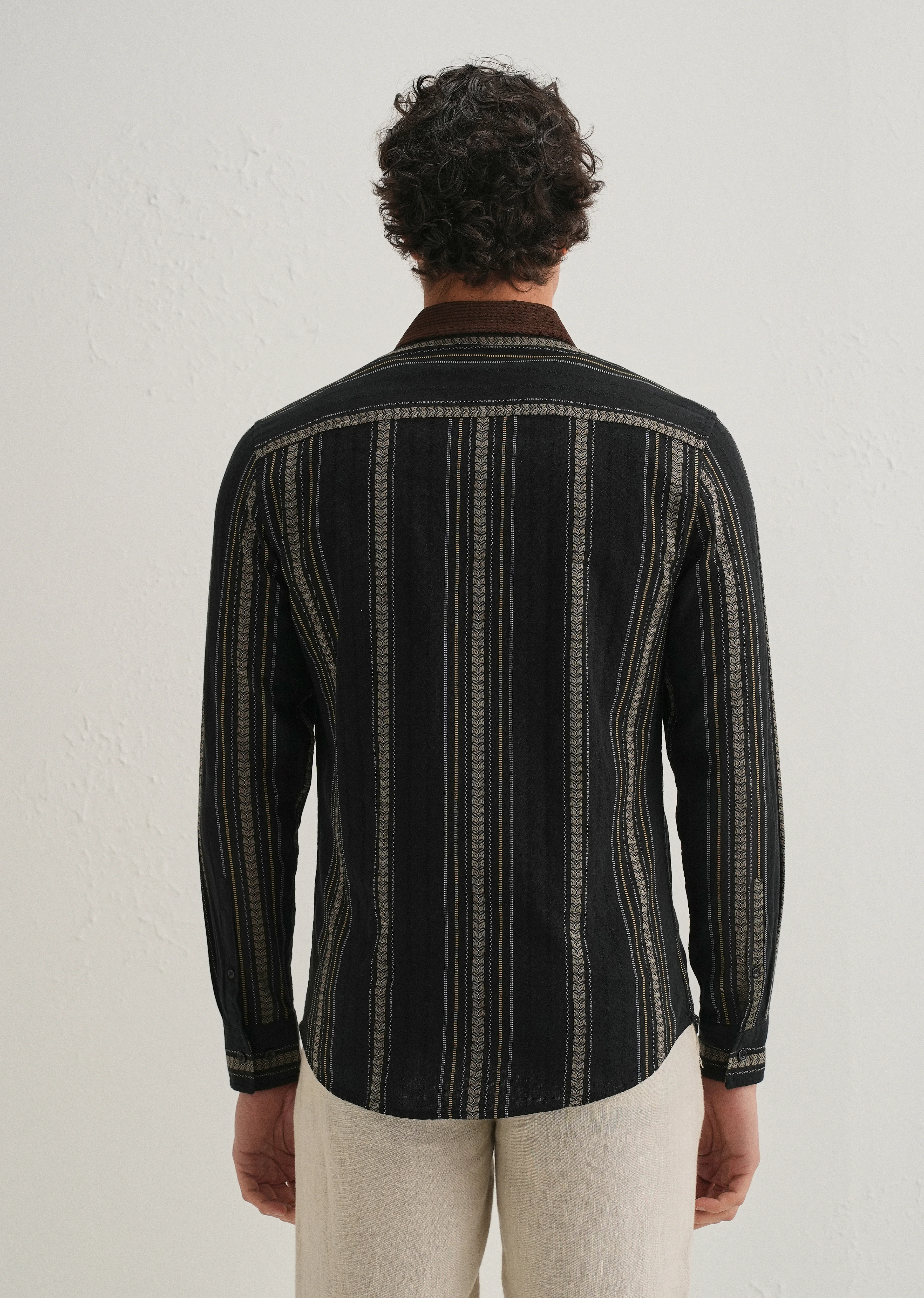 Black Woven Striped Suede Collar Shirt - Image 3