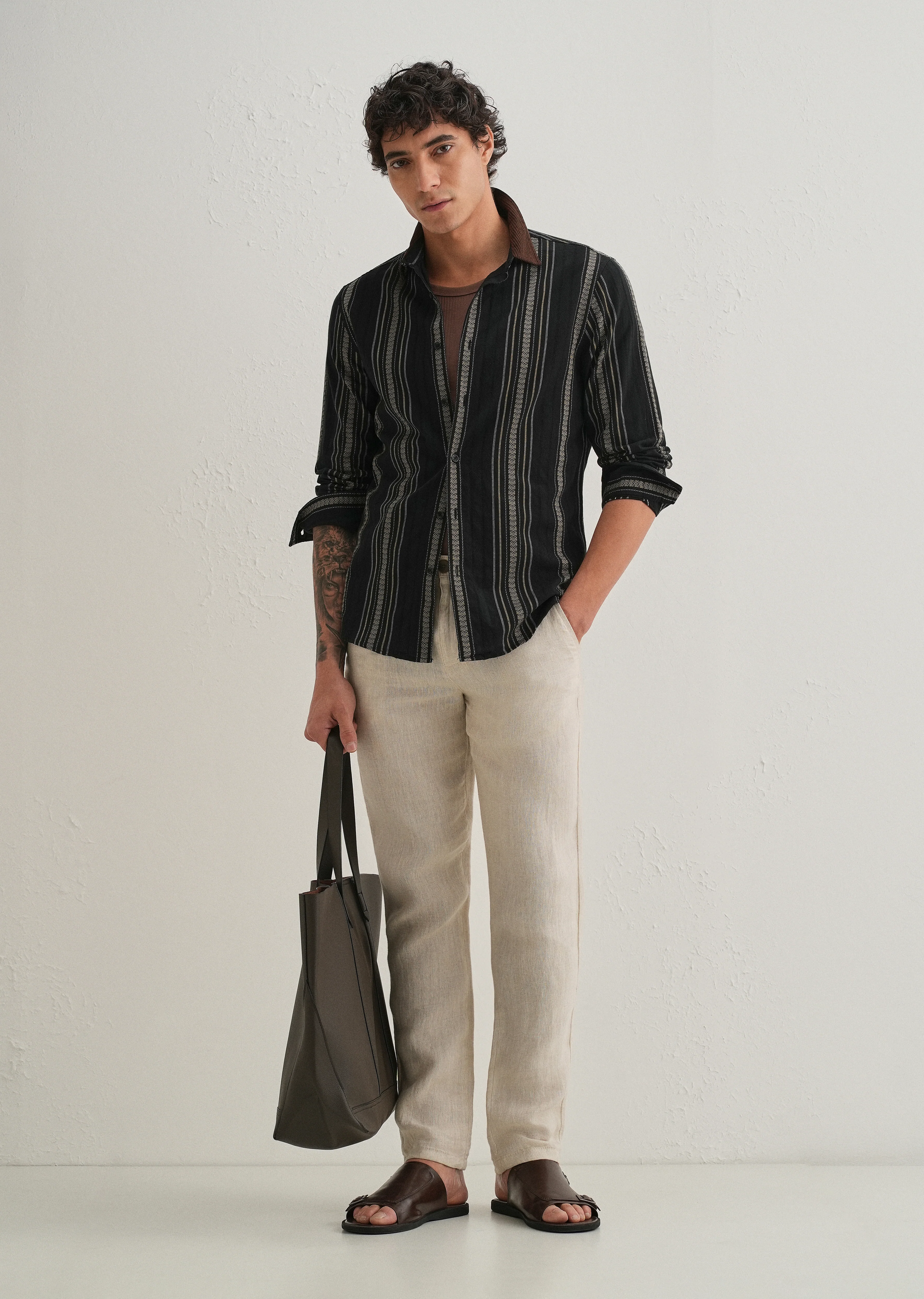 Black Woven Striped Suede Collar Shirt - Image 7