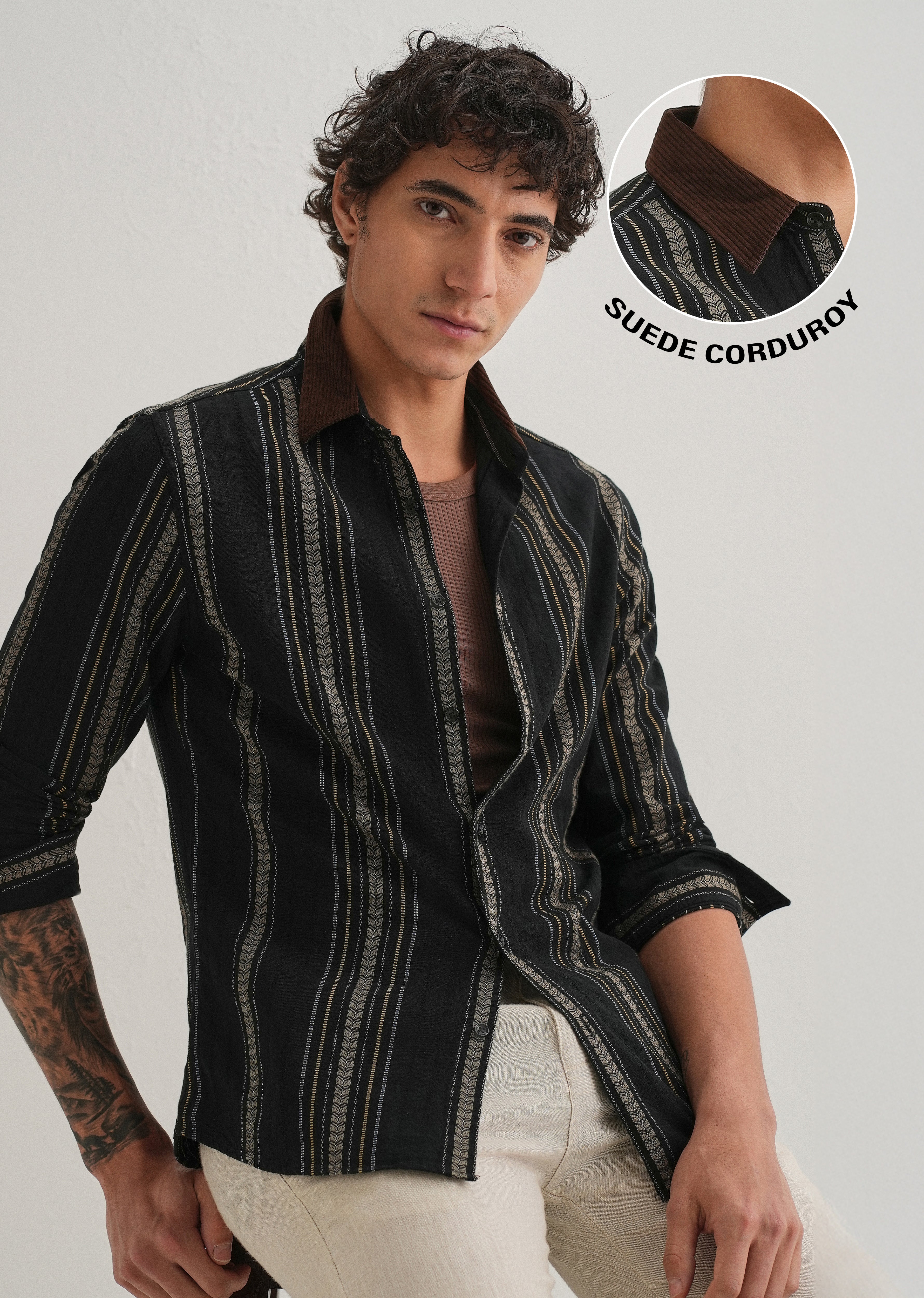 Black Woven Striped Suede Collar Shirt - Image 8