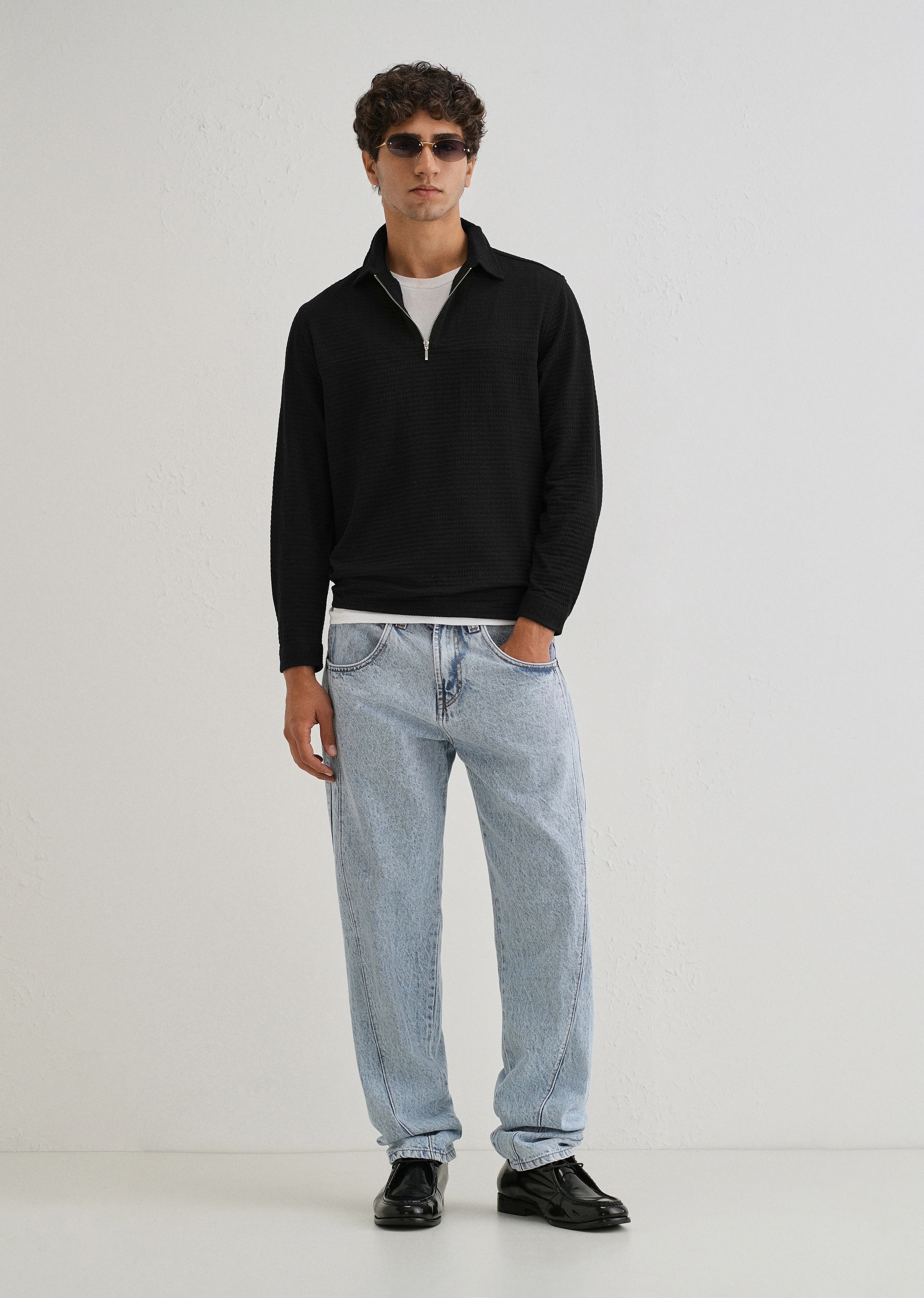 Black Zipper Polo Knit T-shirt - Image 6