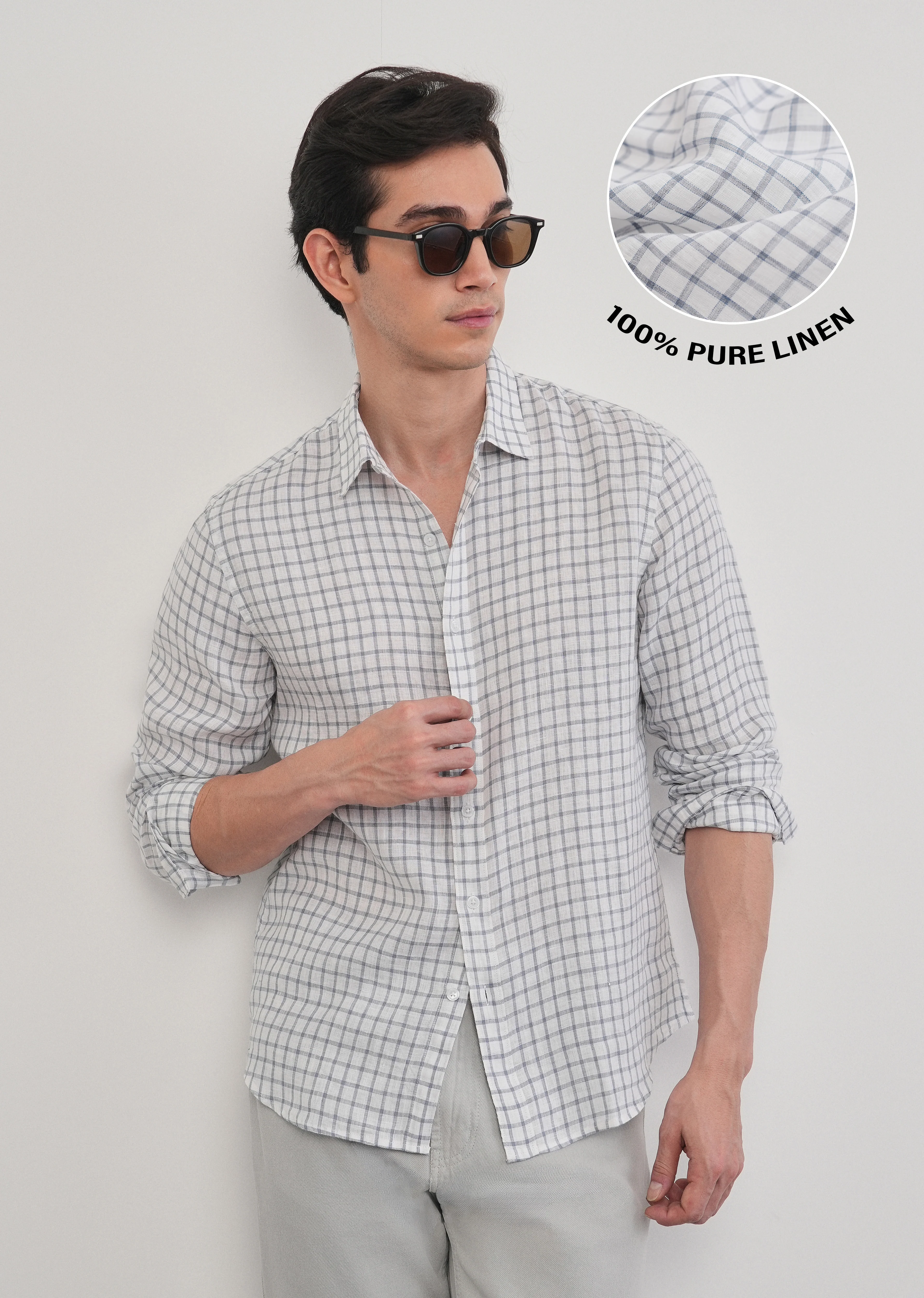 Blue 100% Pure Linen Check Shirt - Image 2