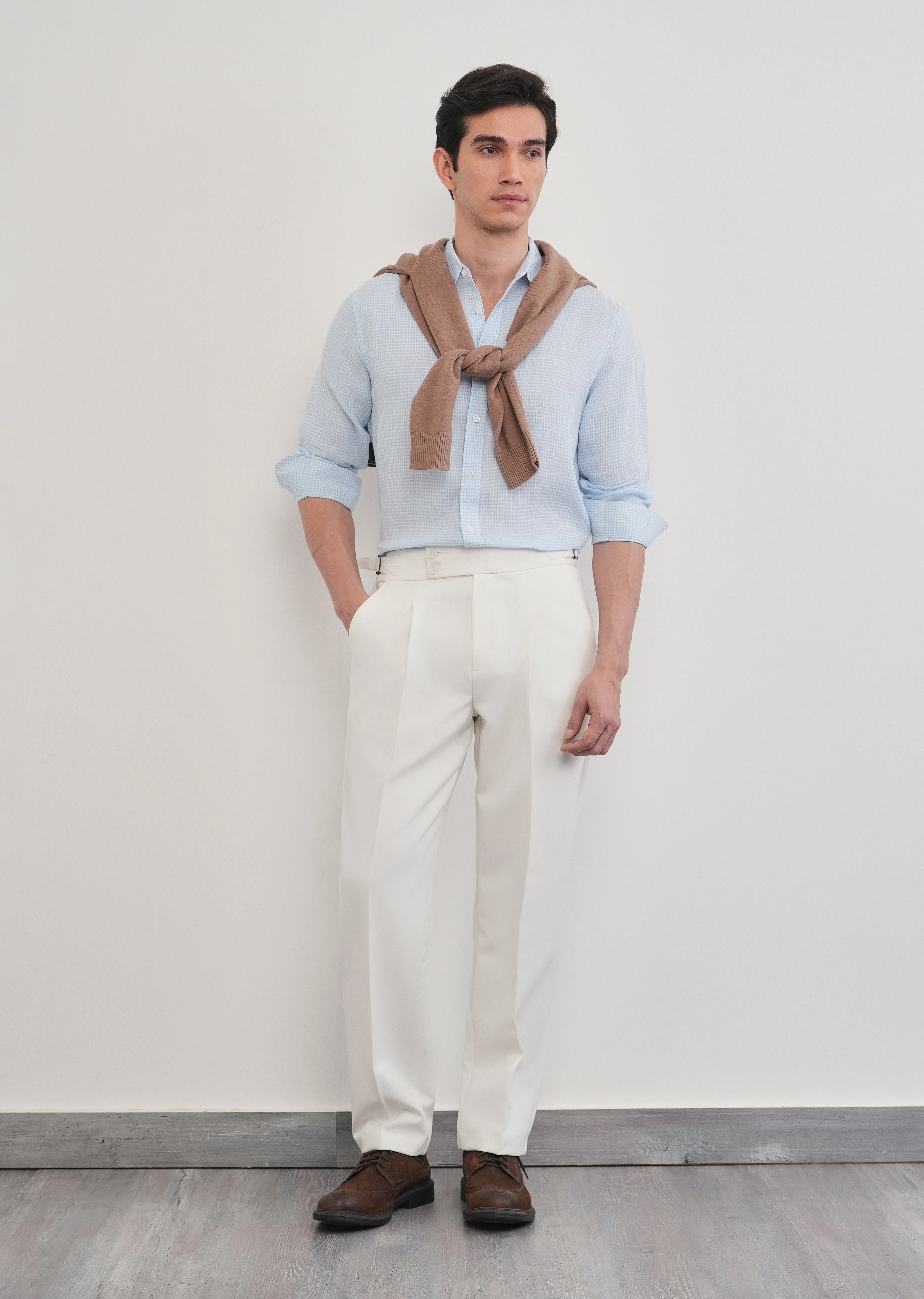 Blue 100% Pure Linen Gingham Check Shirt - Image 10