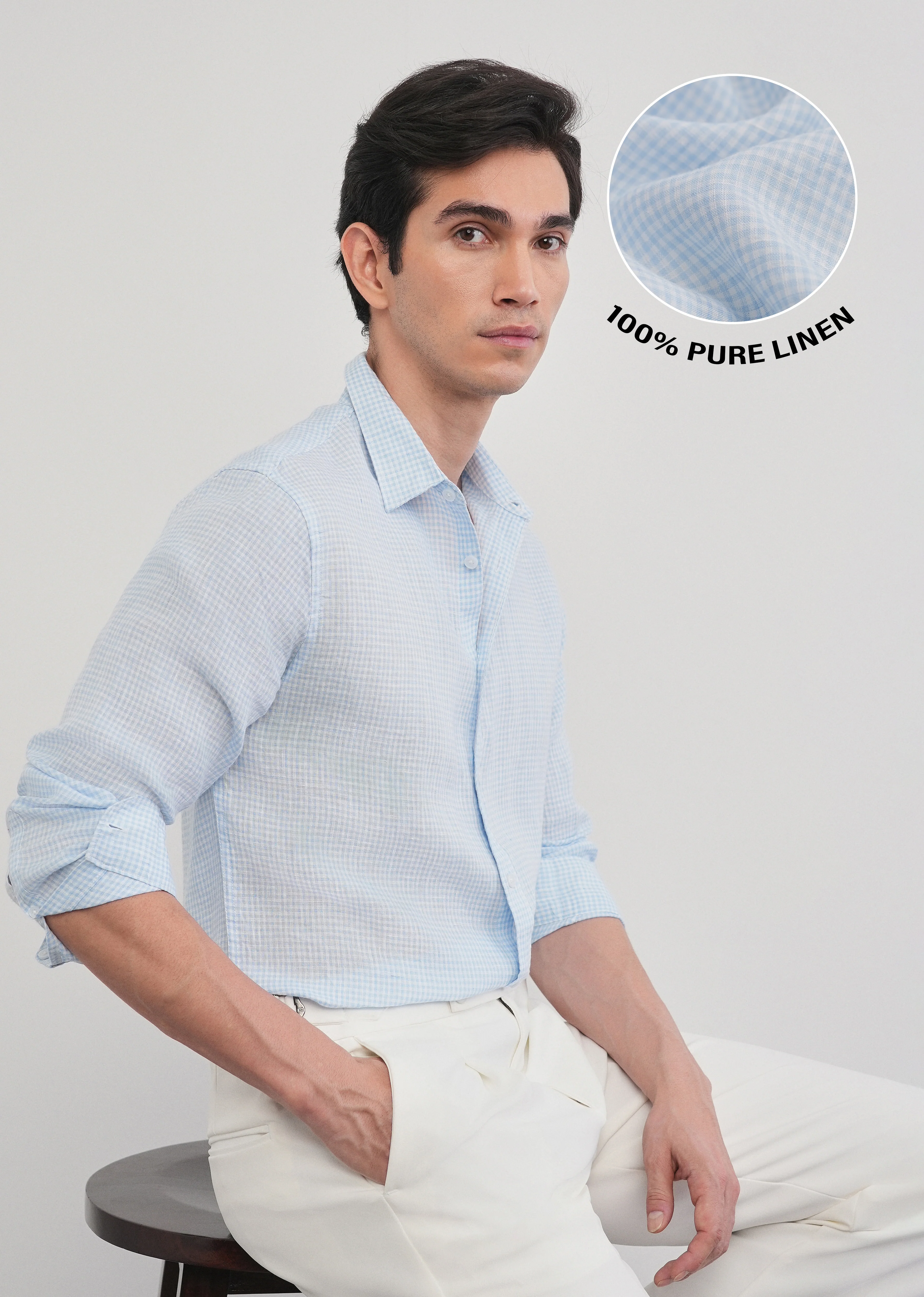 Blue 100% Pure Linen Gingham Check Shirt - Image 2