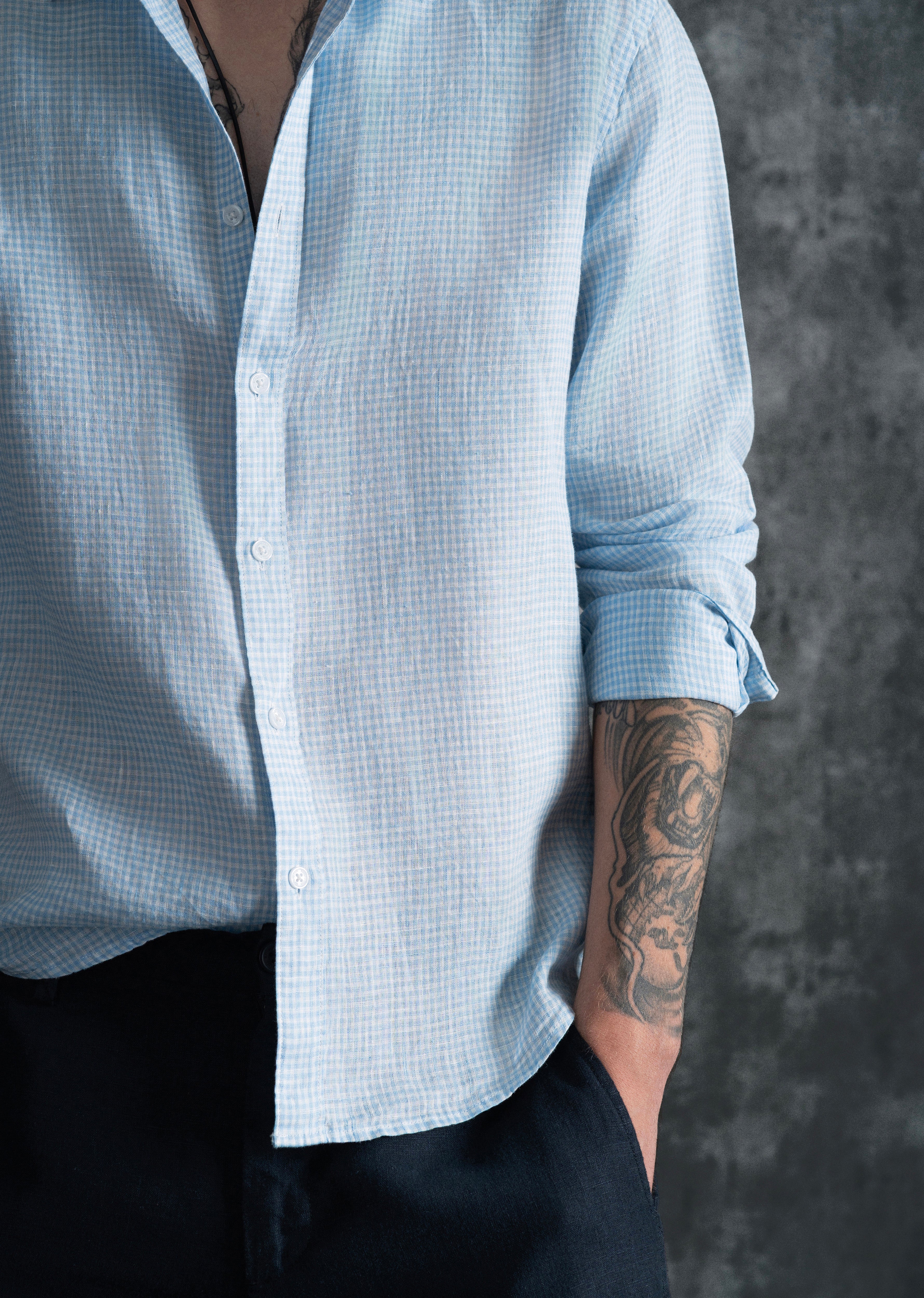 Blue 100% Pure Linen Gingham Check Shirt - Image 4
