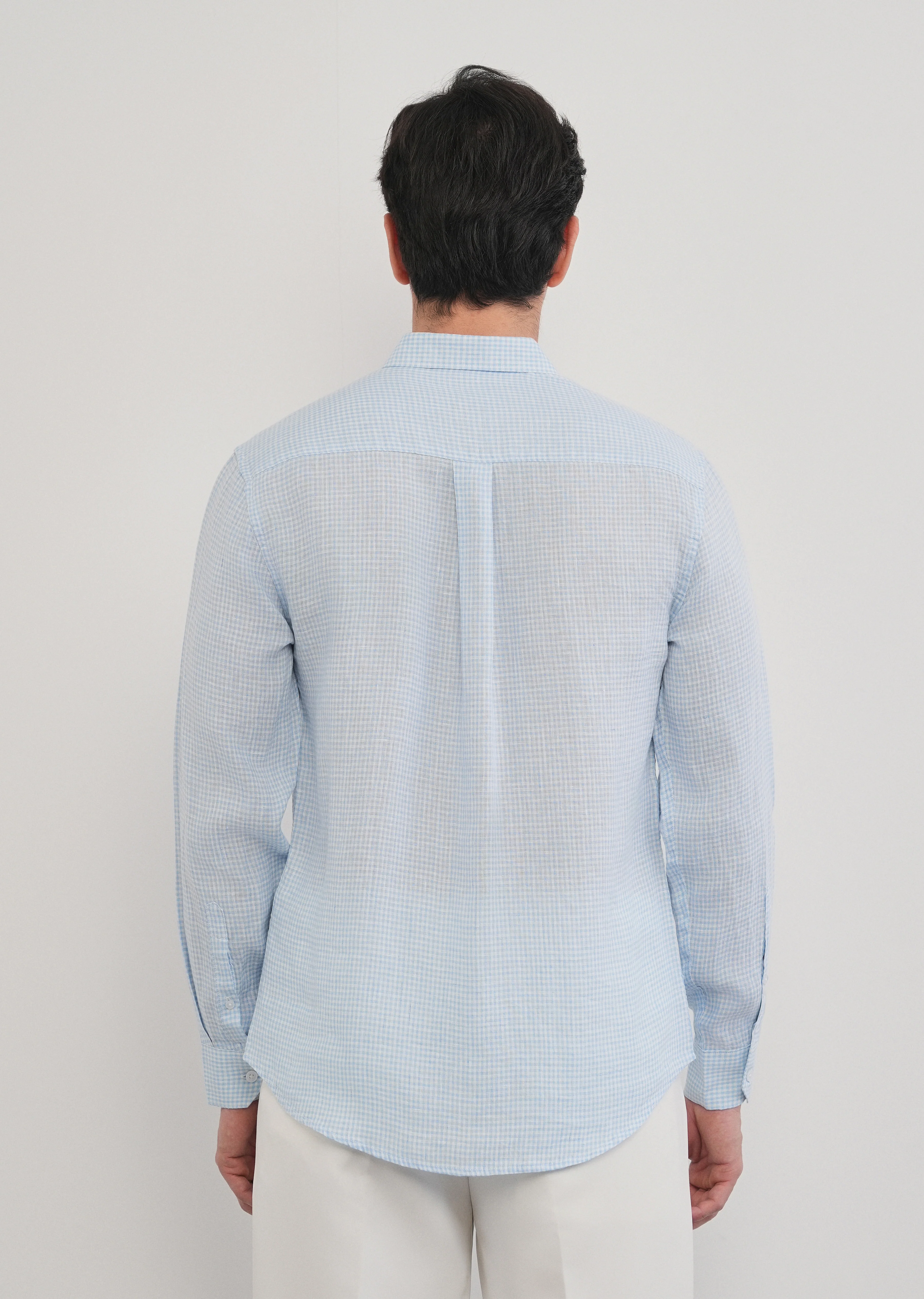 Blue 100% Pure Linen Gingham Check Shirt - Image 5
