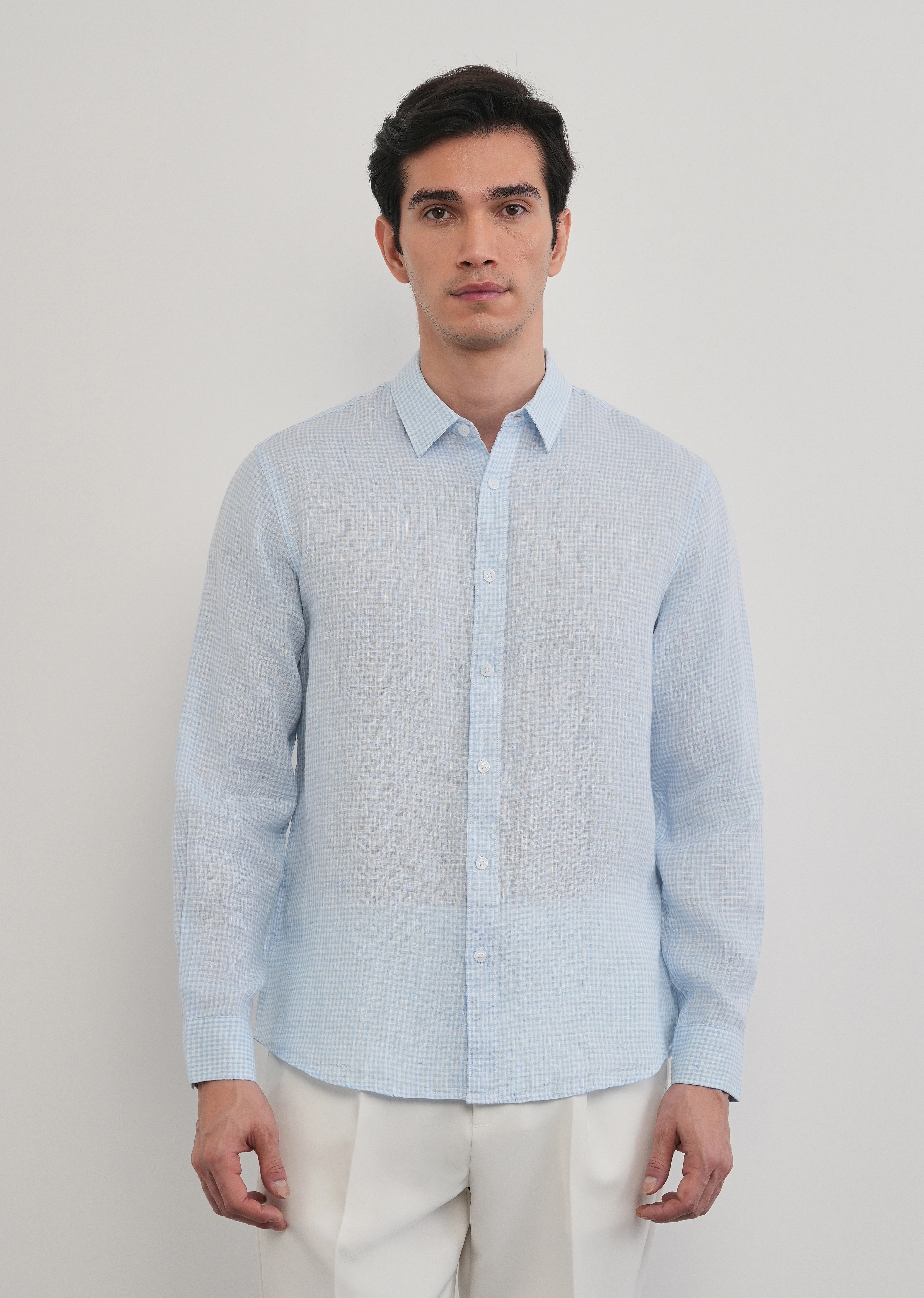 Blue 100% Pure Linen Gingham Check Shirt - Image 6