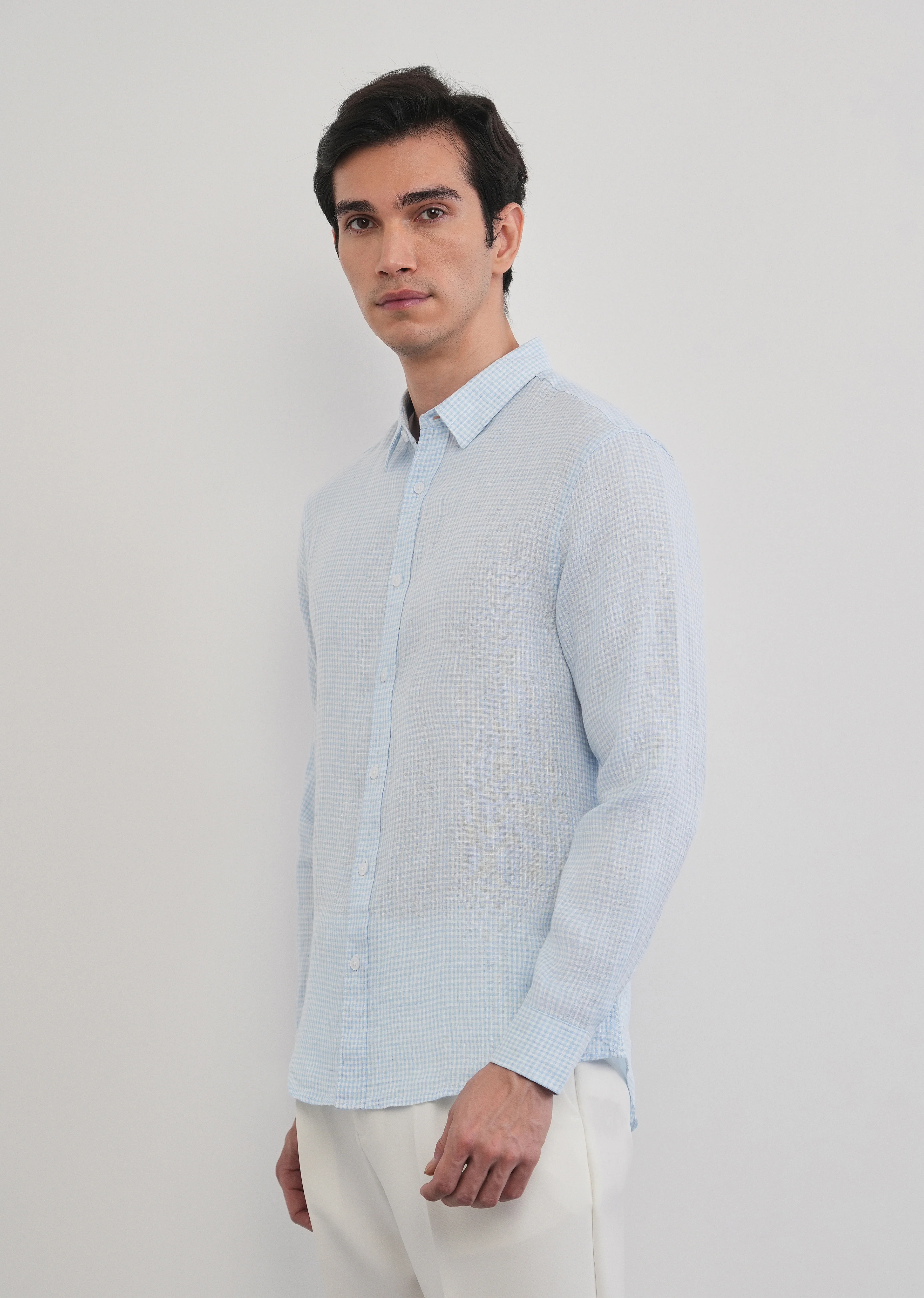 Blue 100% Pure Linen Gingham Check Shirt - Image 8