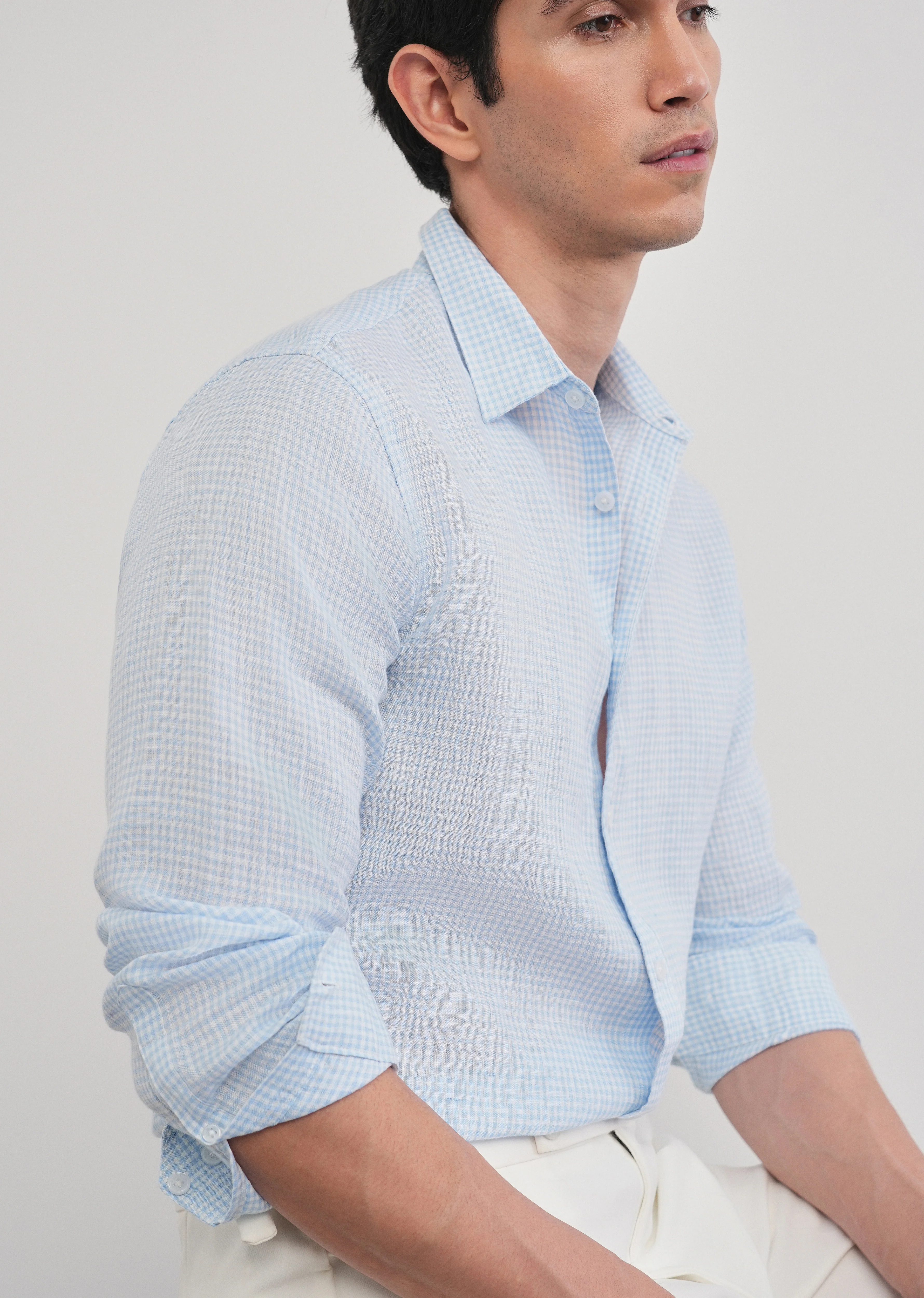 Blue 100% Pure Linen Gingham Check Shirt - Image 9