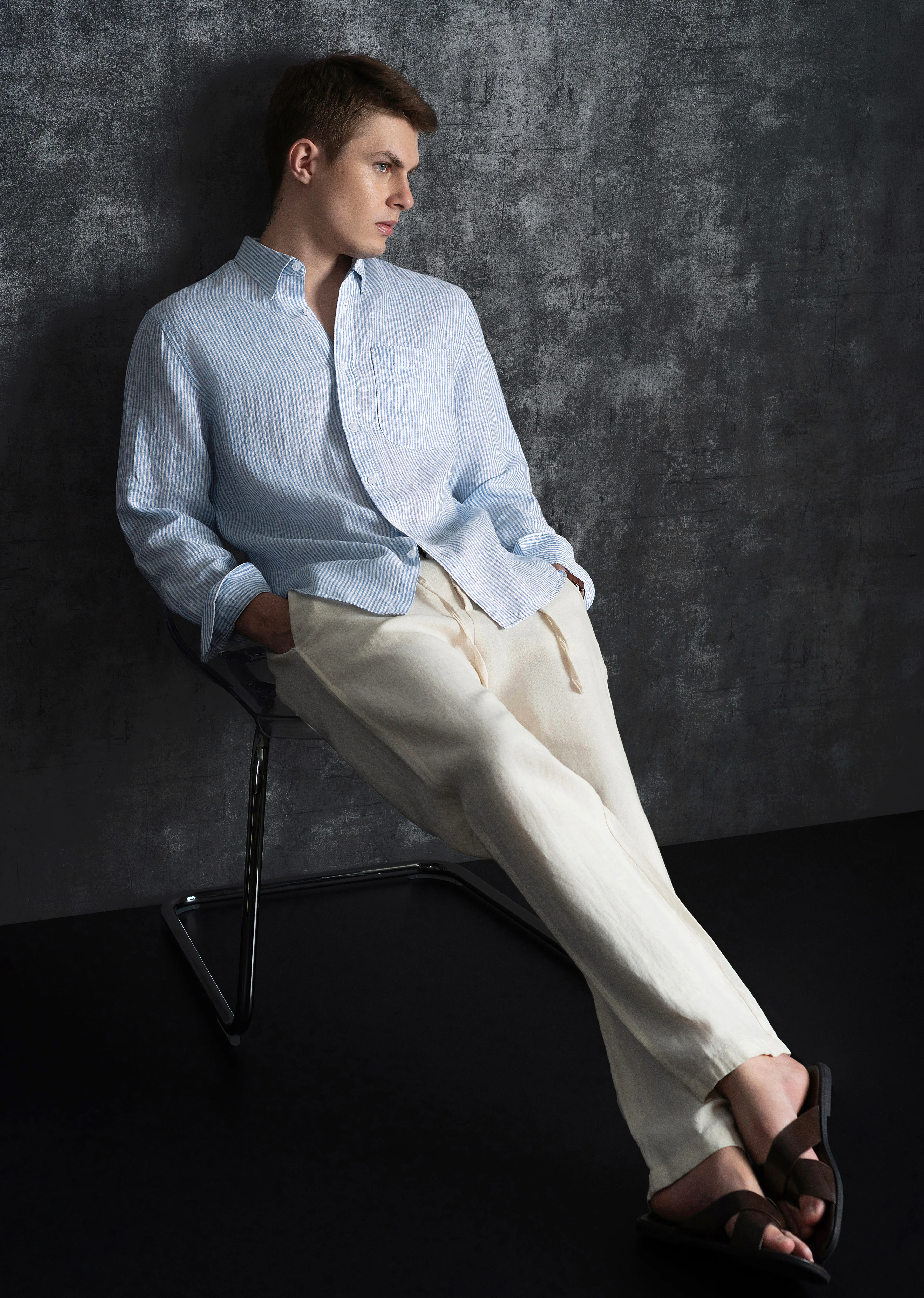 Blue 100% Pure Linen Stripe Shirt - Image 11