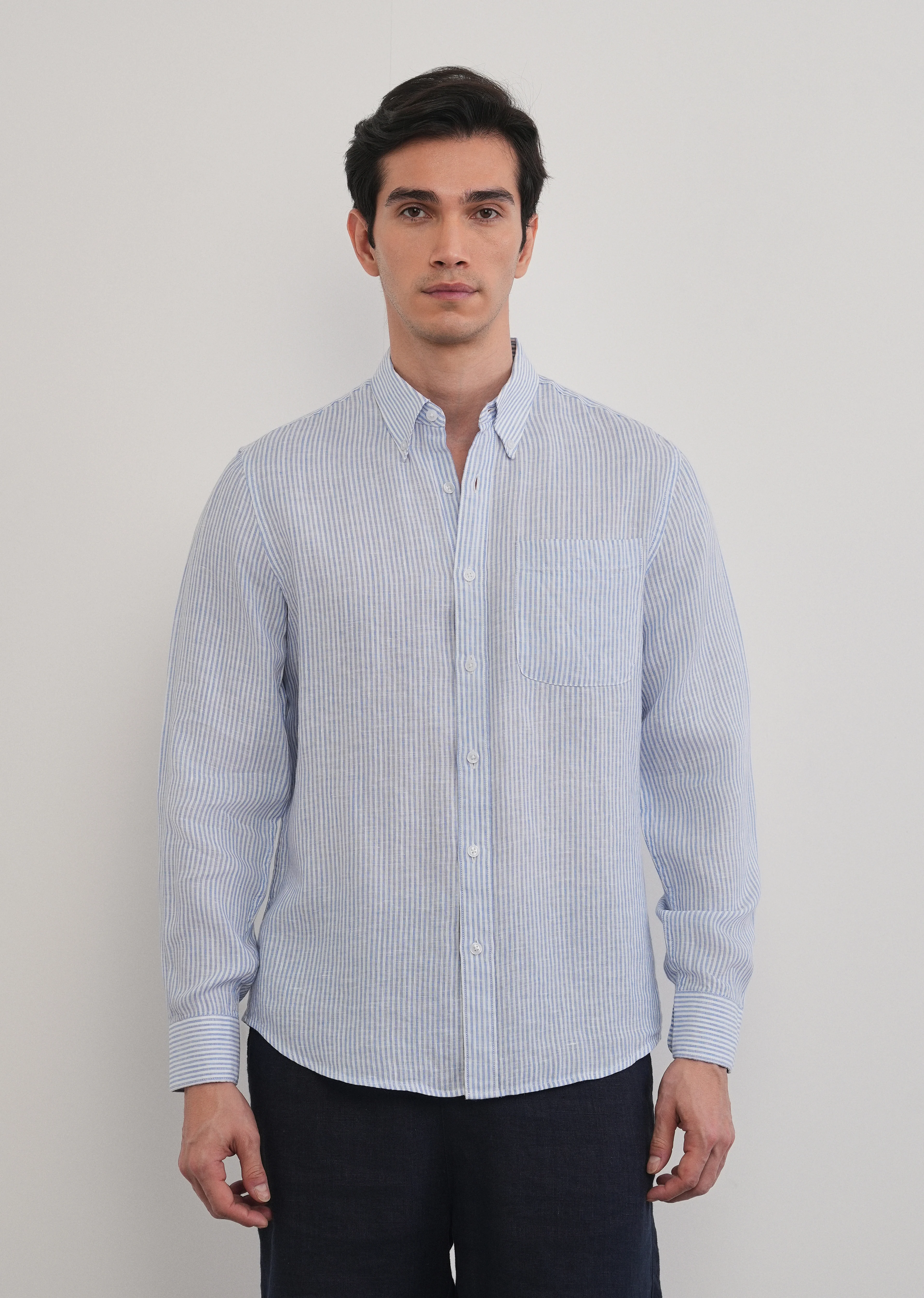 Blue 100% Pure Linen Stripe Shirt - Image 8