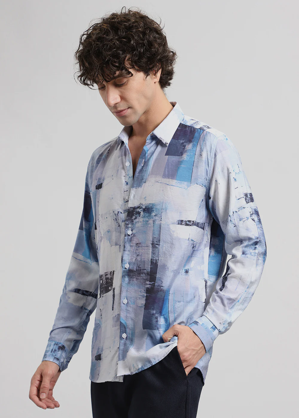 Blue Abstract Brush Print Shirt - Image 5