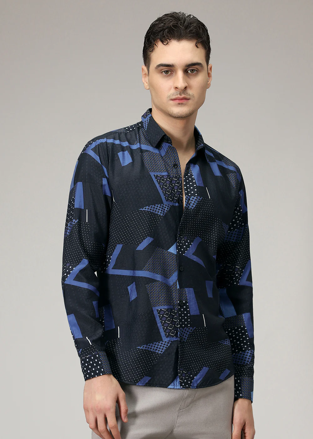 Blue Abstract Geometric Print Shirt - Image 3