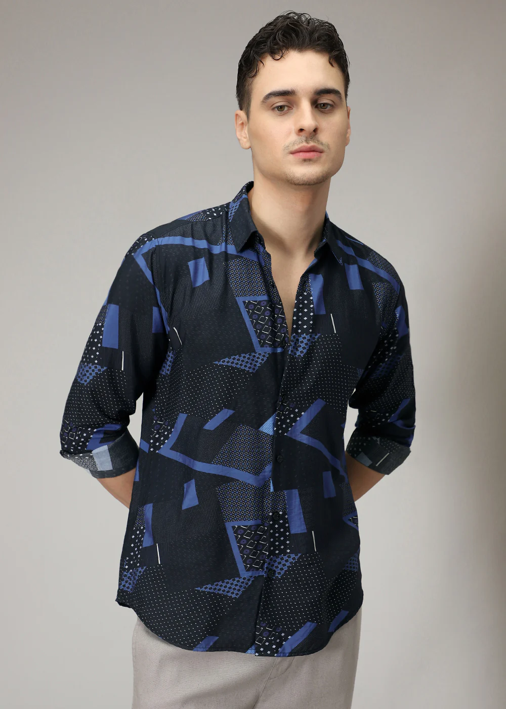 Blue Abstract Geometric Print Shirt - Image 6