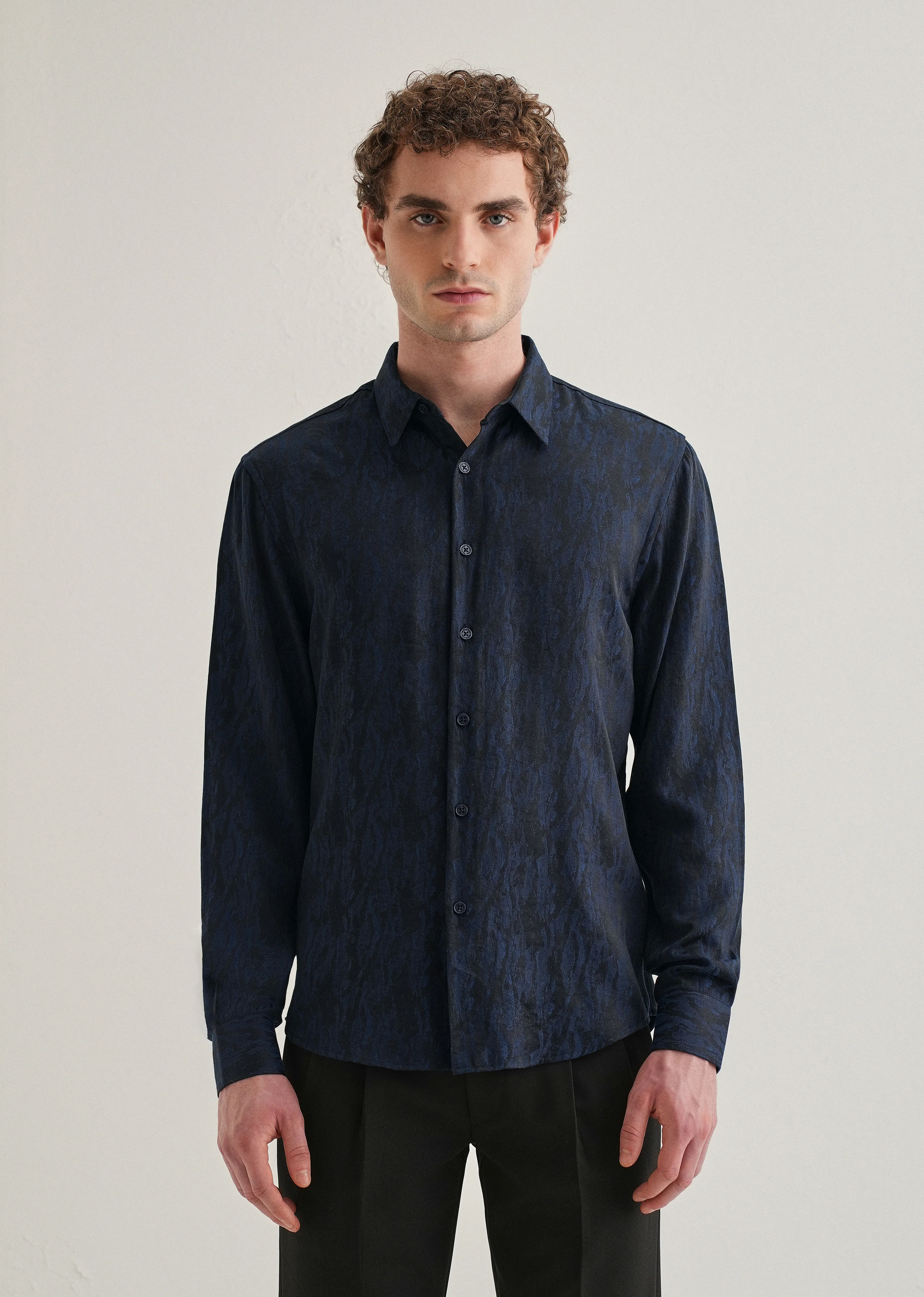 Blue Abstract Jacquard Shirt - Image 4