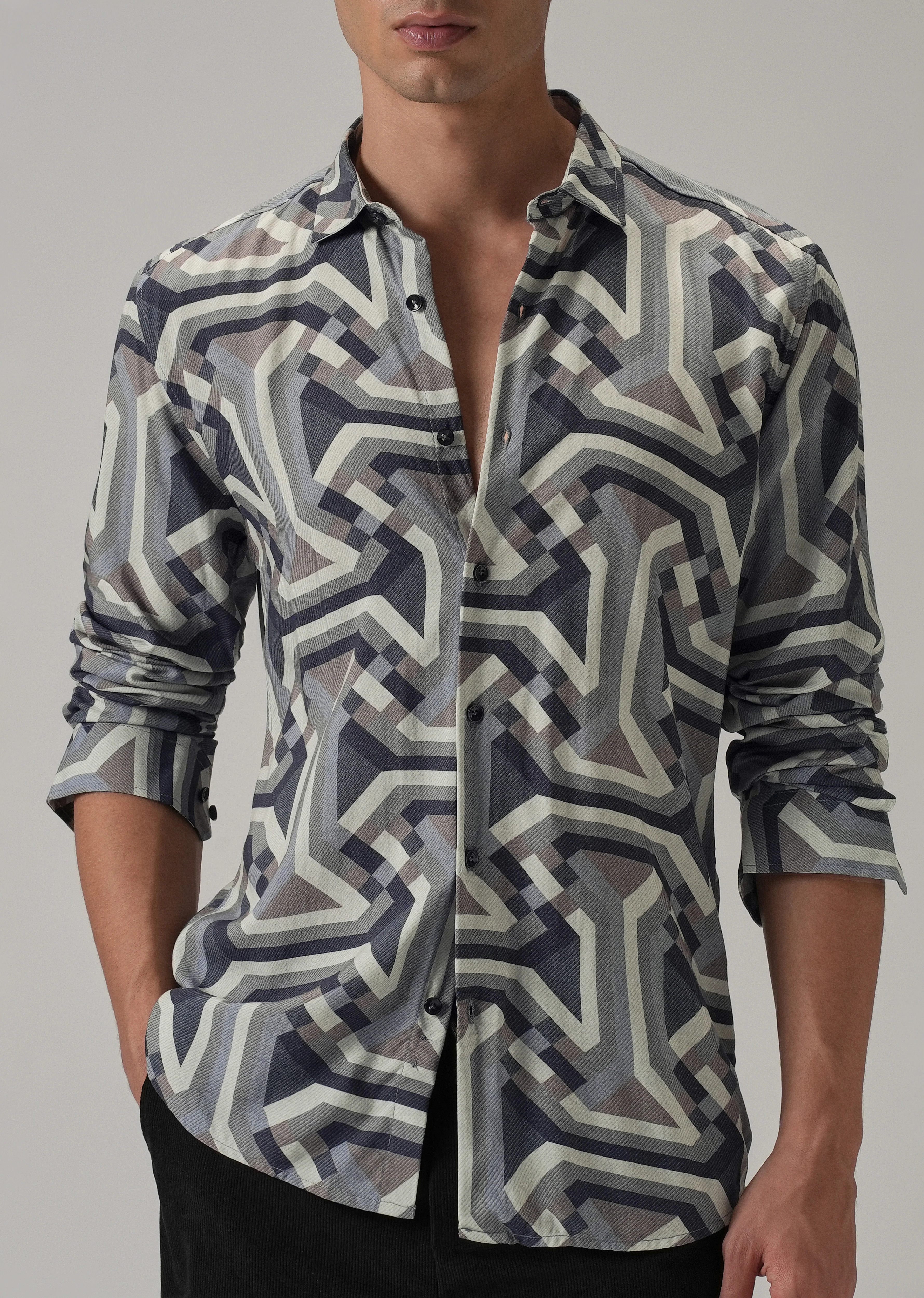 Blue Abstract Texture Printed Shirt - Image 7