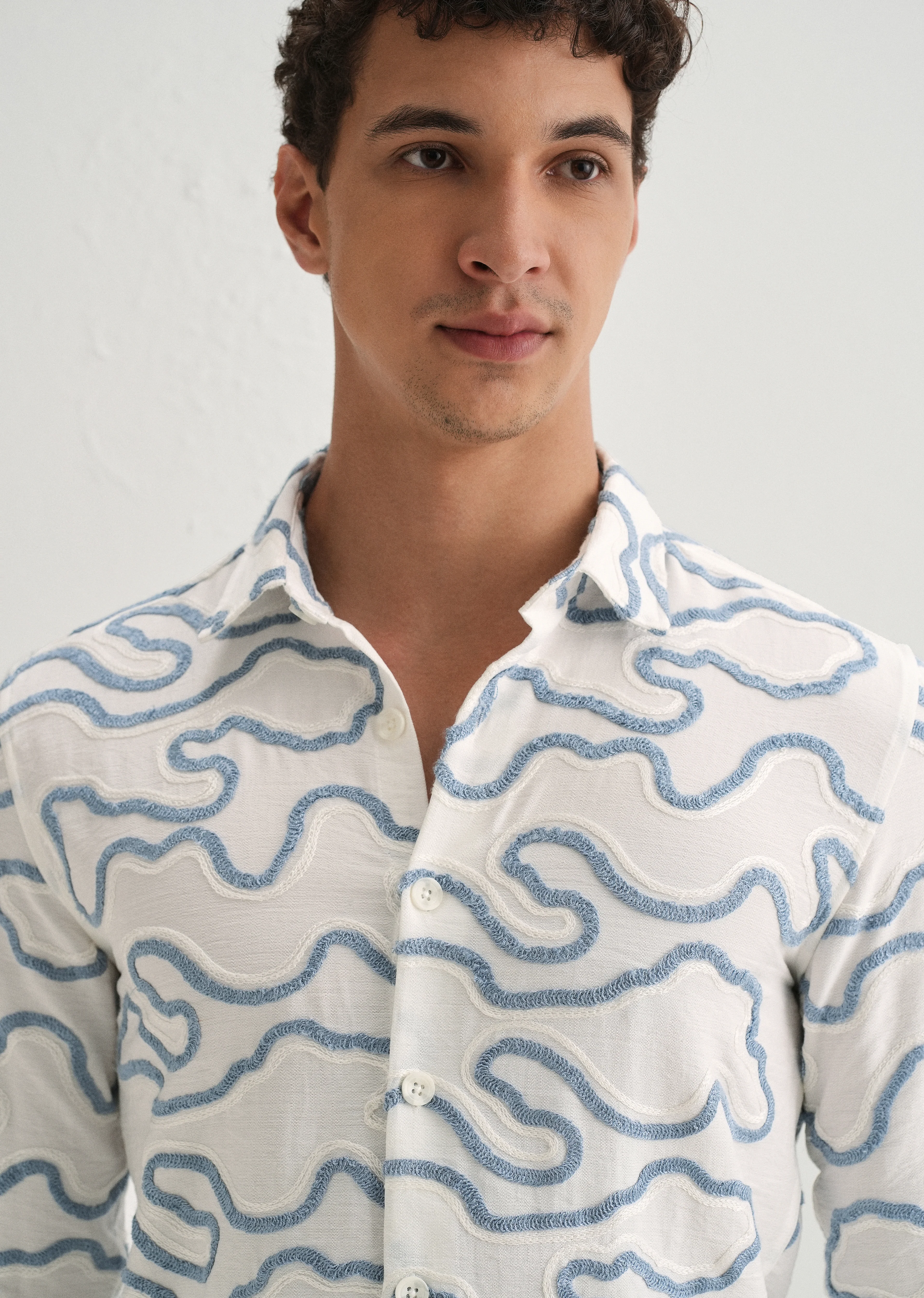 Blue Artistic Abstract Embroidery Shirt - Image 6