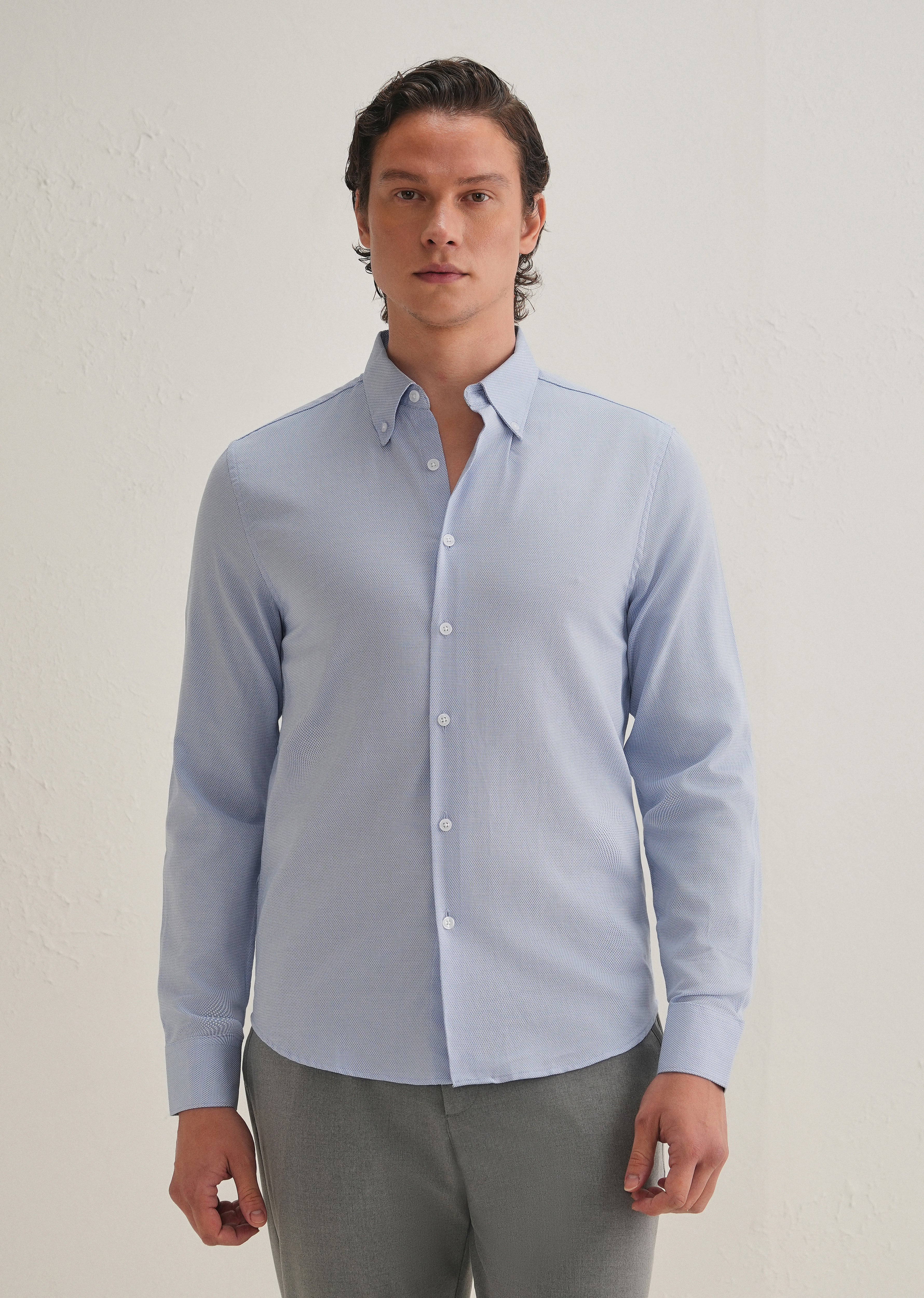 Blue Basket Weave Dobby Cotton Shirt - Image 4