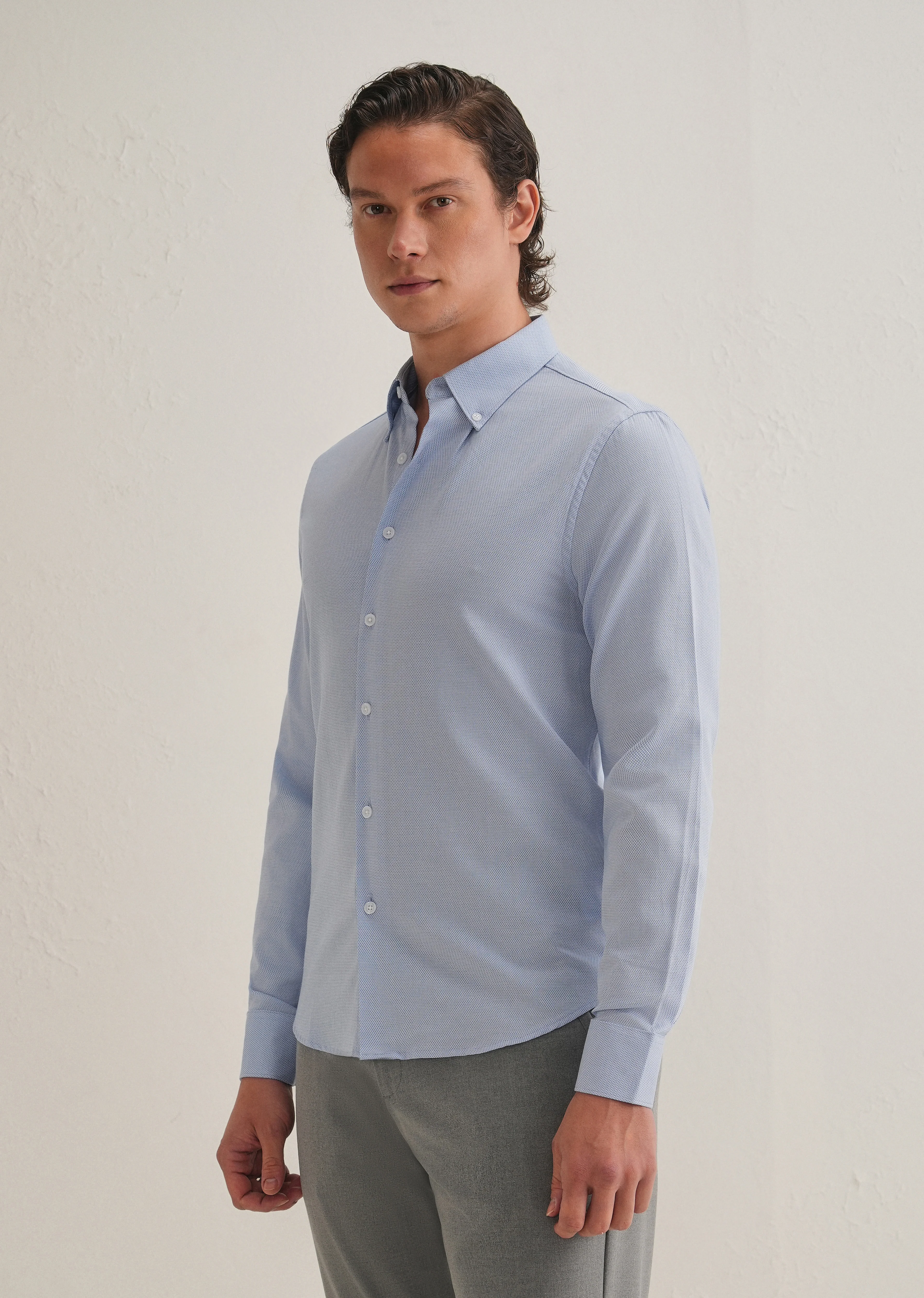 Blue Basket Weave Dobby Cotton Shirt - Image 6