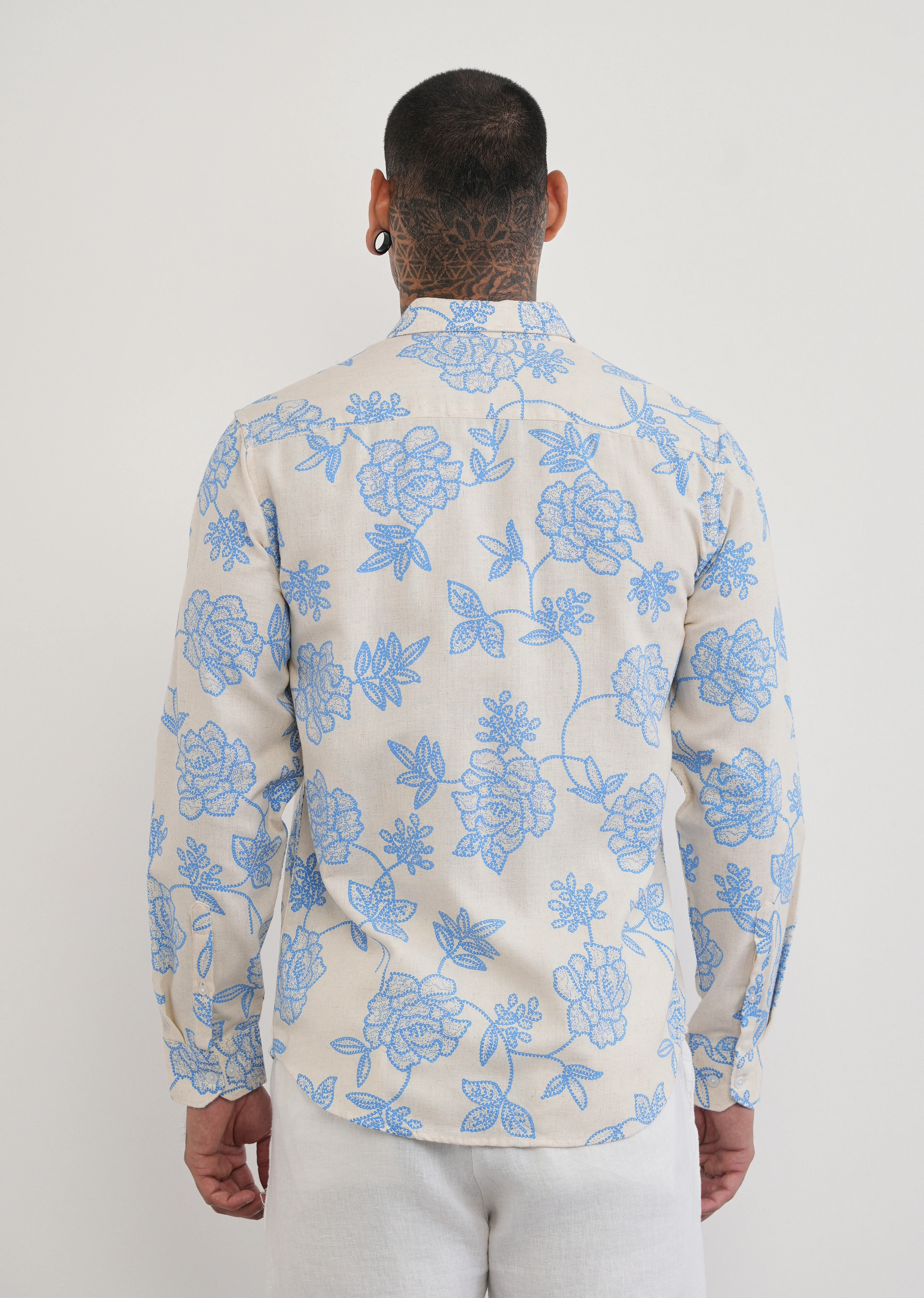 Blue Blended Linen Floral Print Shirt - Image 2