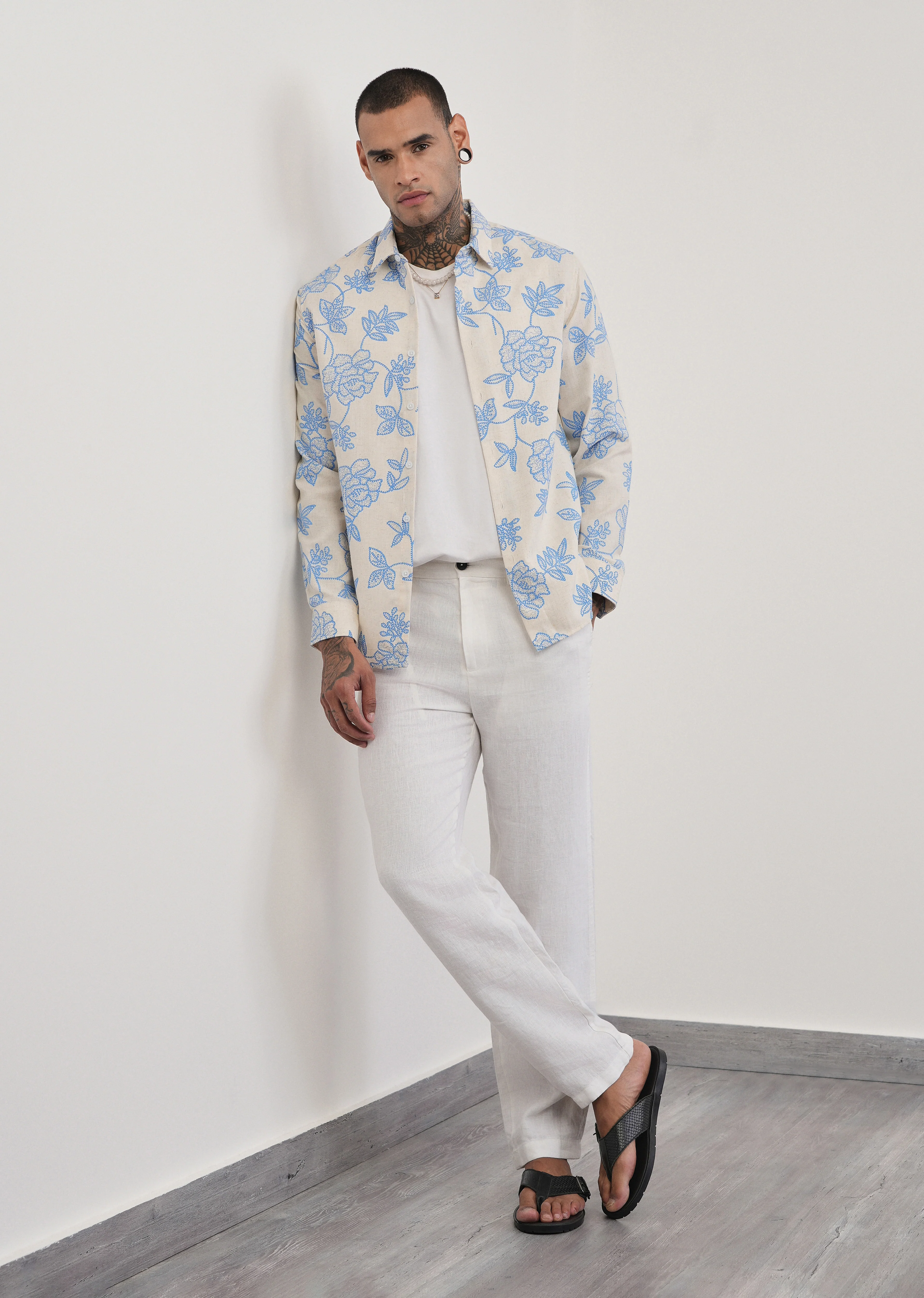 Blue Blended Linen Floral Print Shirt - Image 6