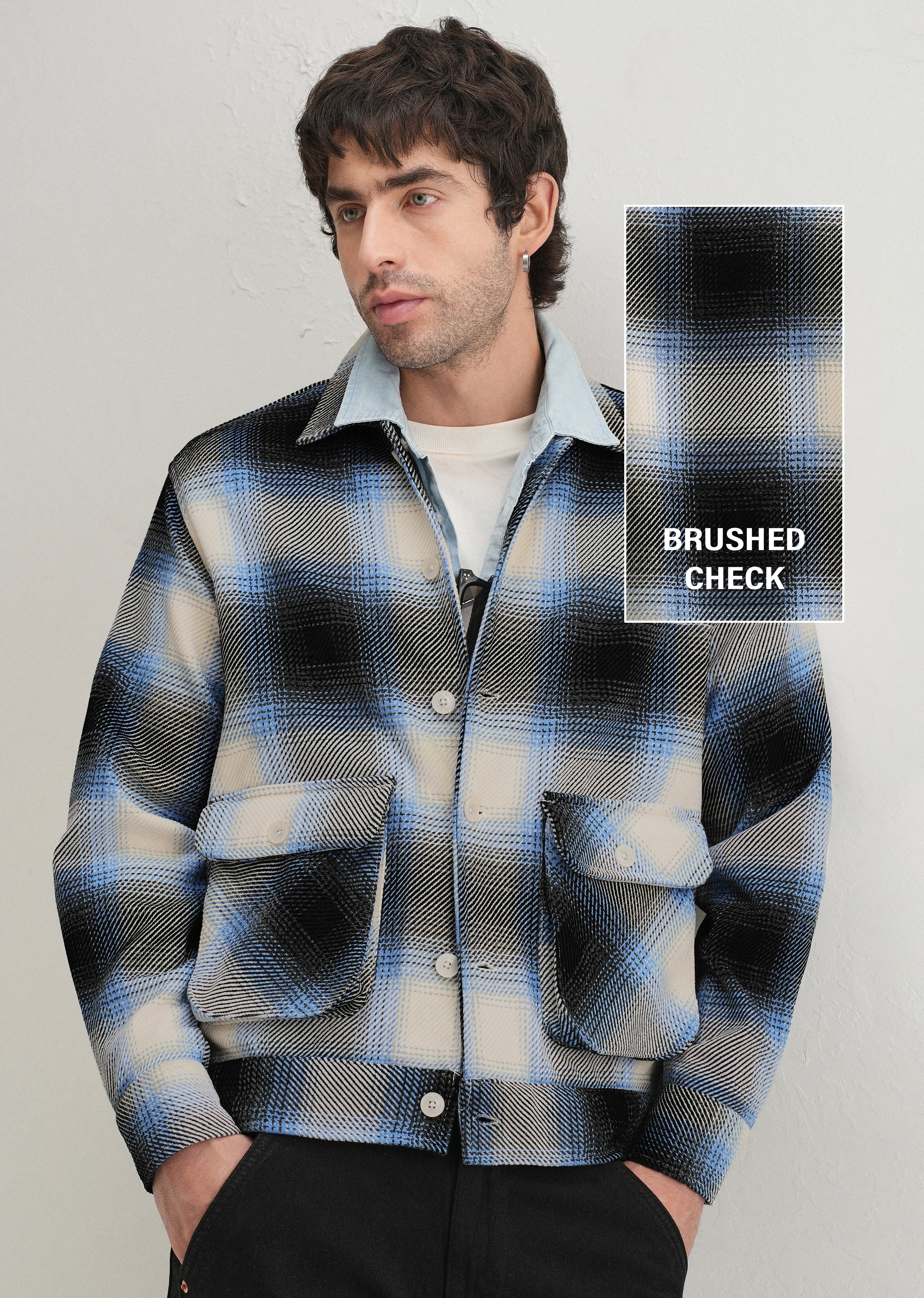 Blue Brushed Check Utility Shacket - Image 9