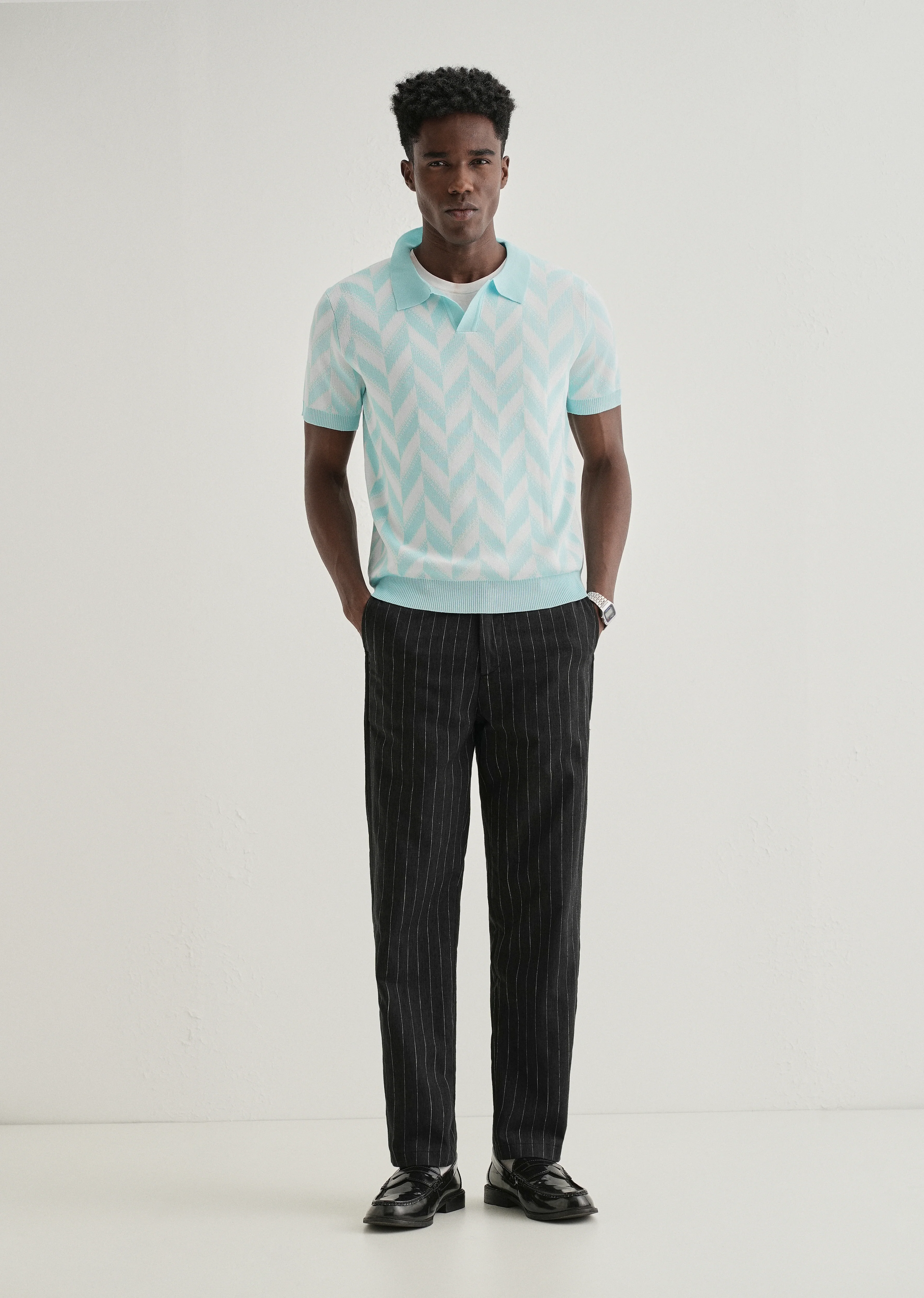 Blue Chevron Knitted Polo T-shirt - Image 6