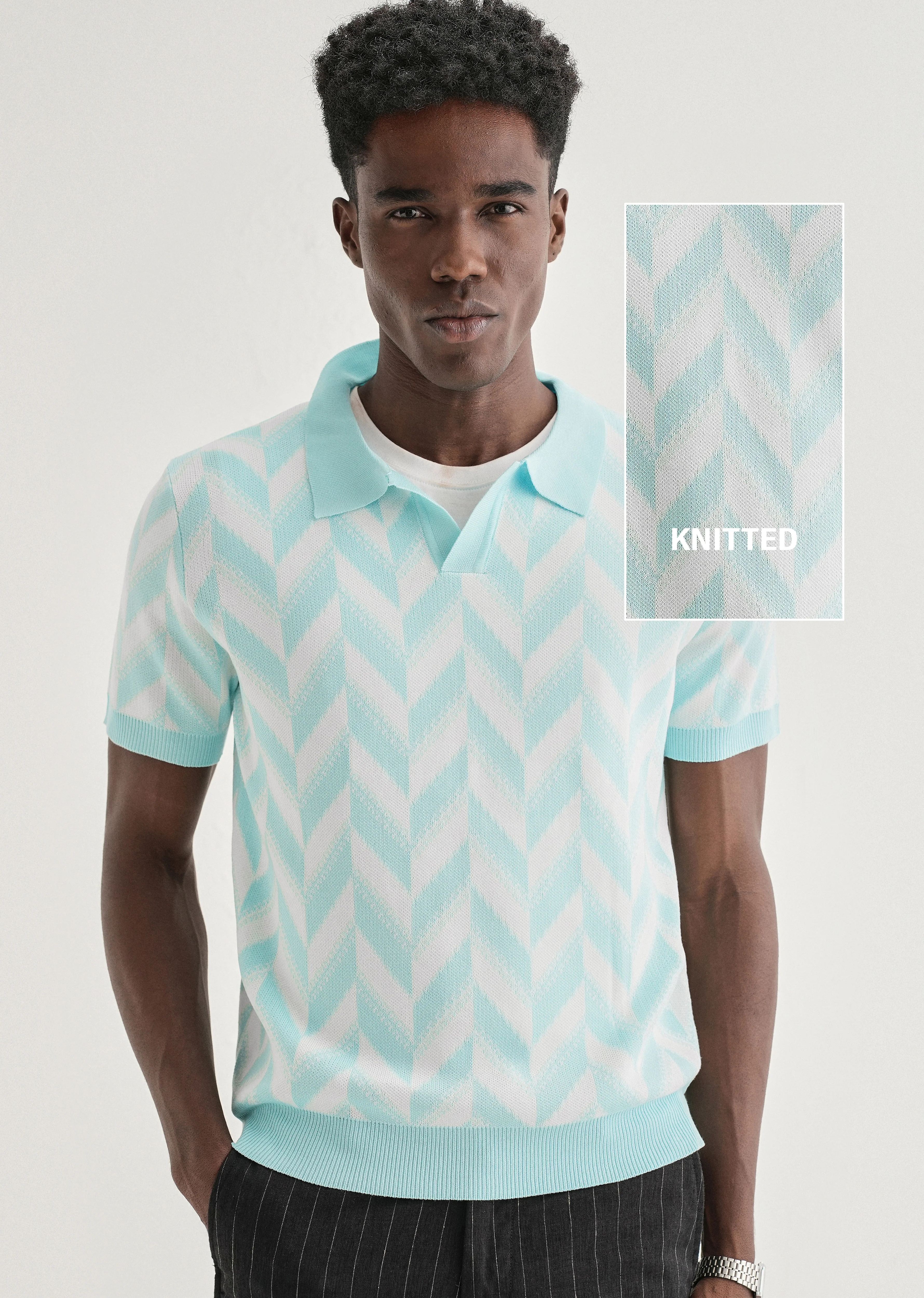 Blue Chevron Knitted Polo T-shirt - Image 7