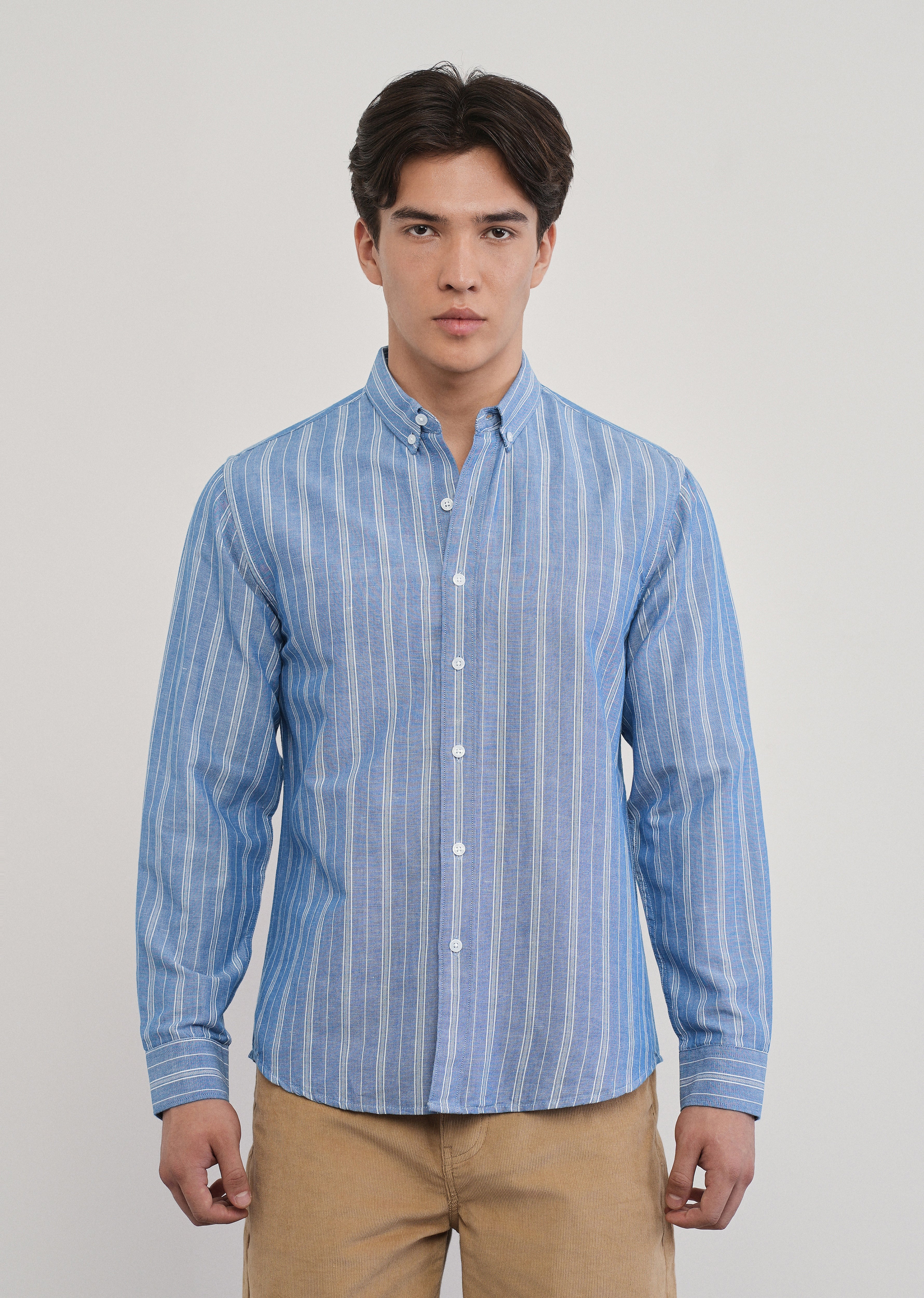 Blue Cotton Linen Stripe Shirt - Image 3