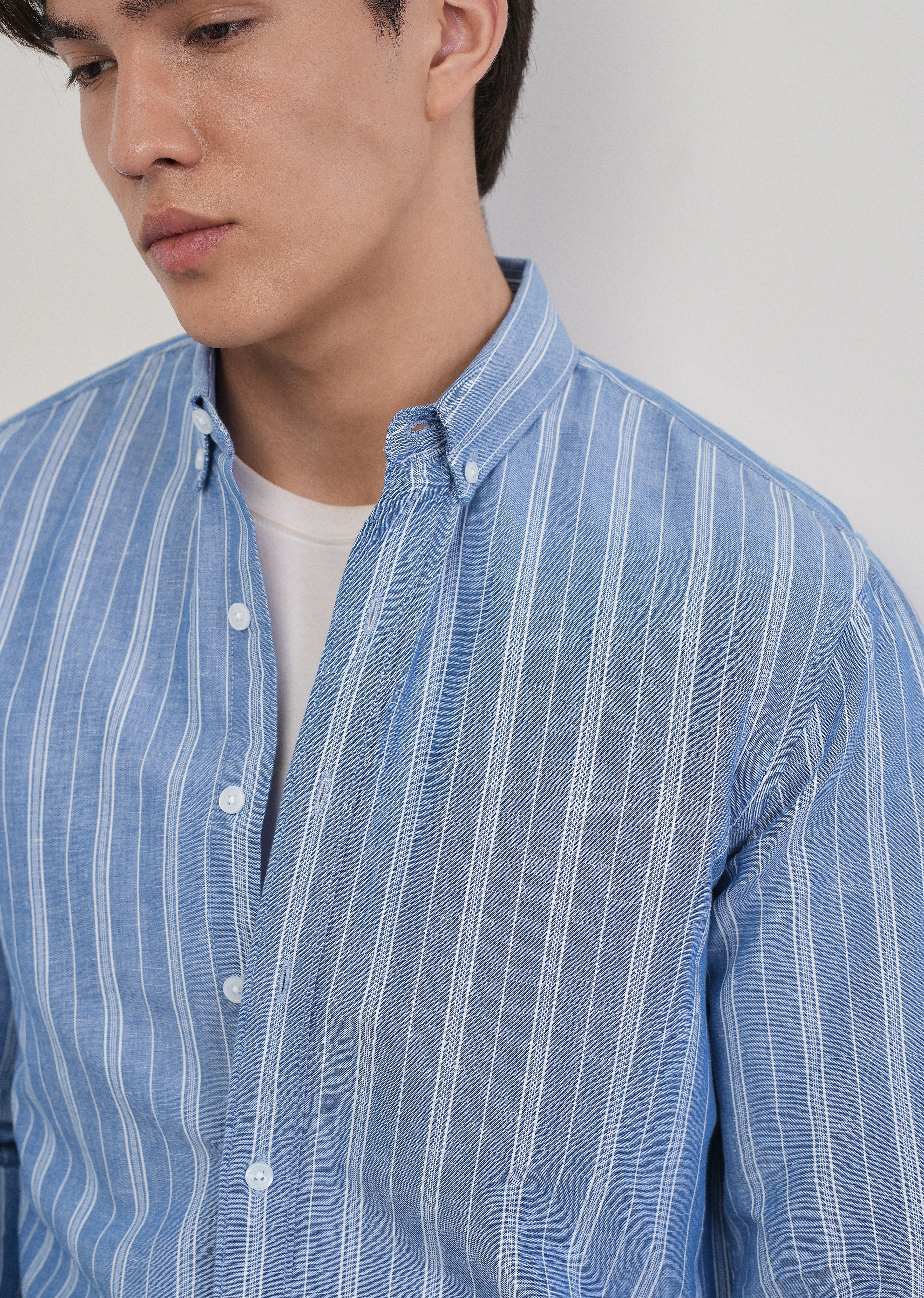 Blue Cotton Linen Stripe Shirt - Image 5