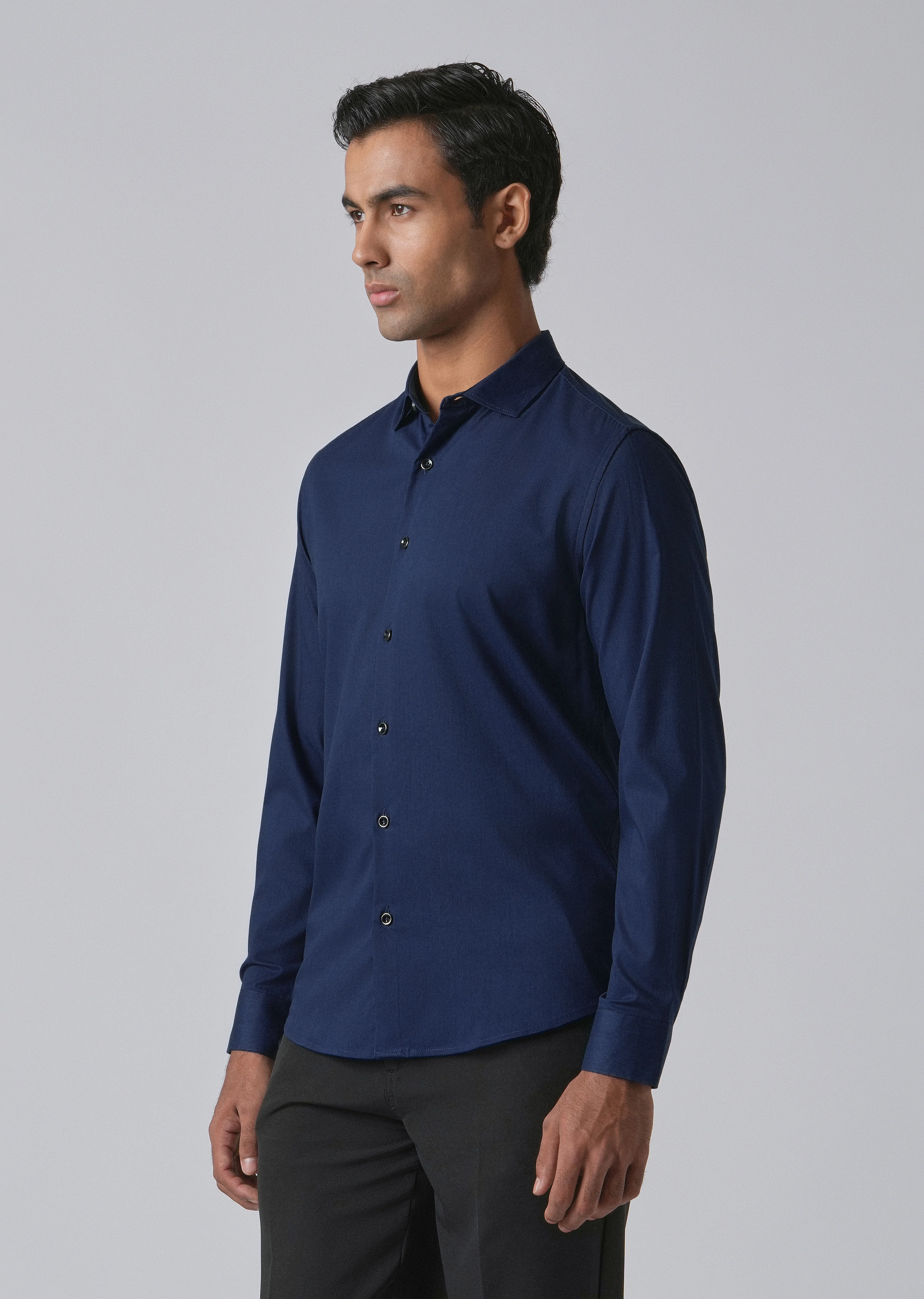 Blue Cotton Stretch Plain Shirt - Image 4