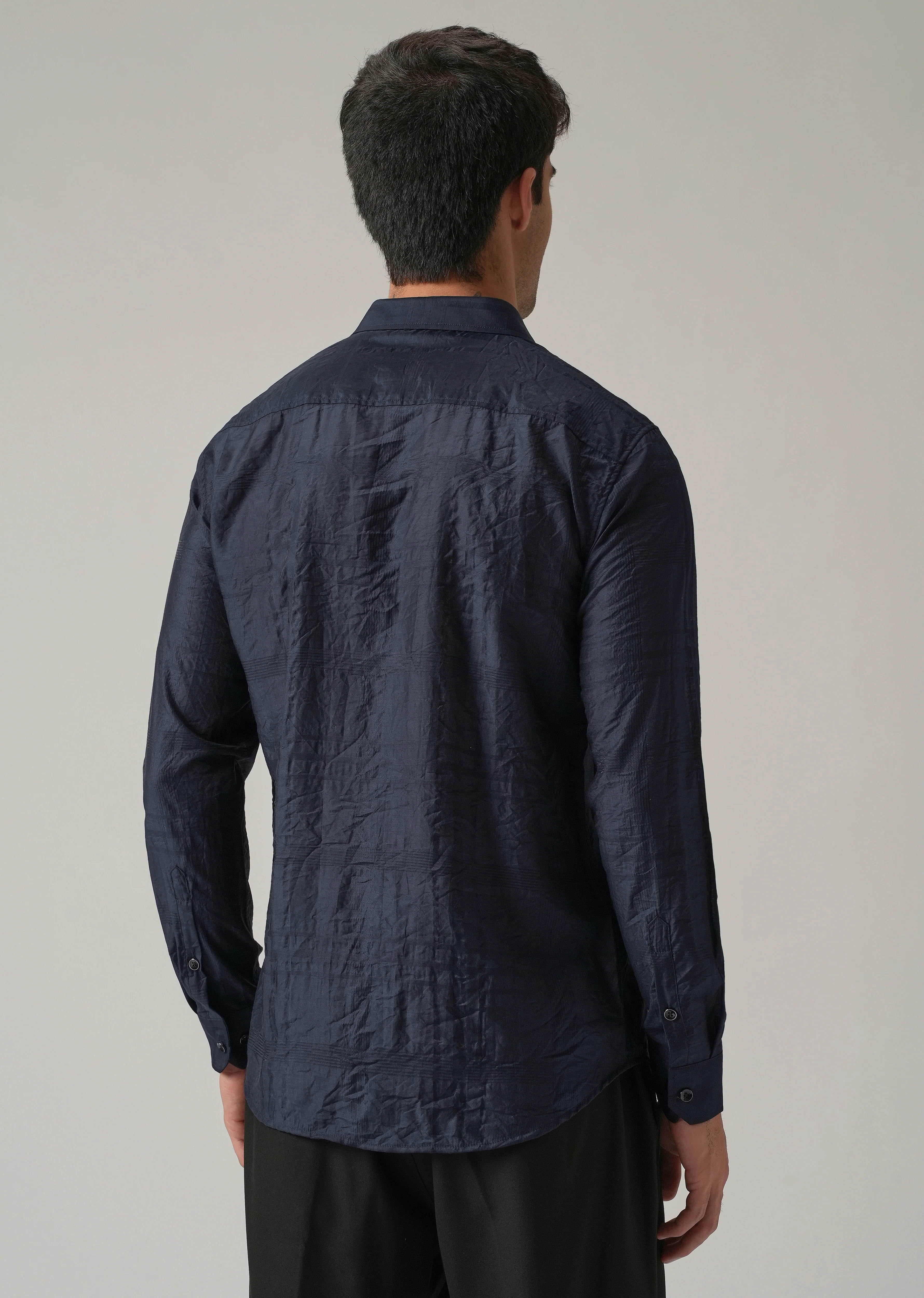 Blue Crinkled Self Stripe Shirt - Image 2