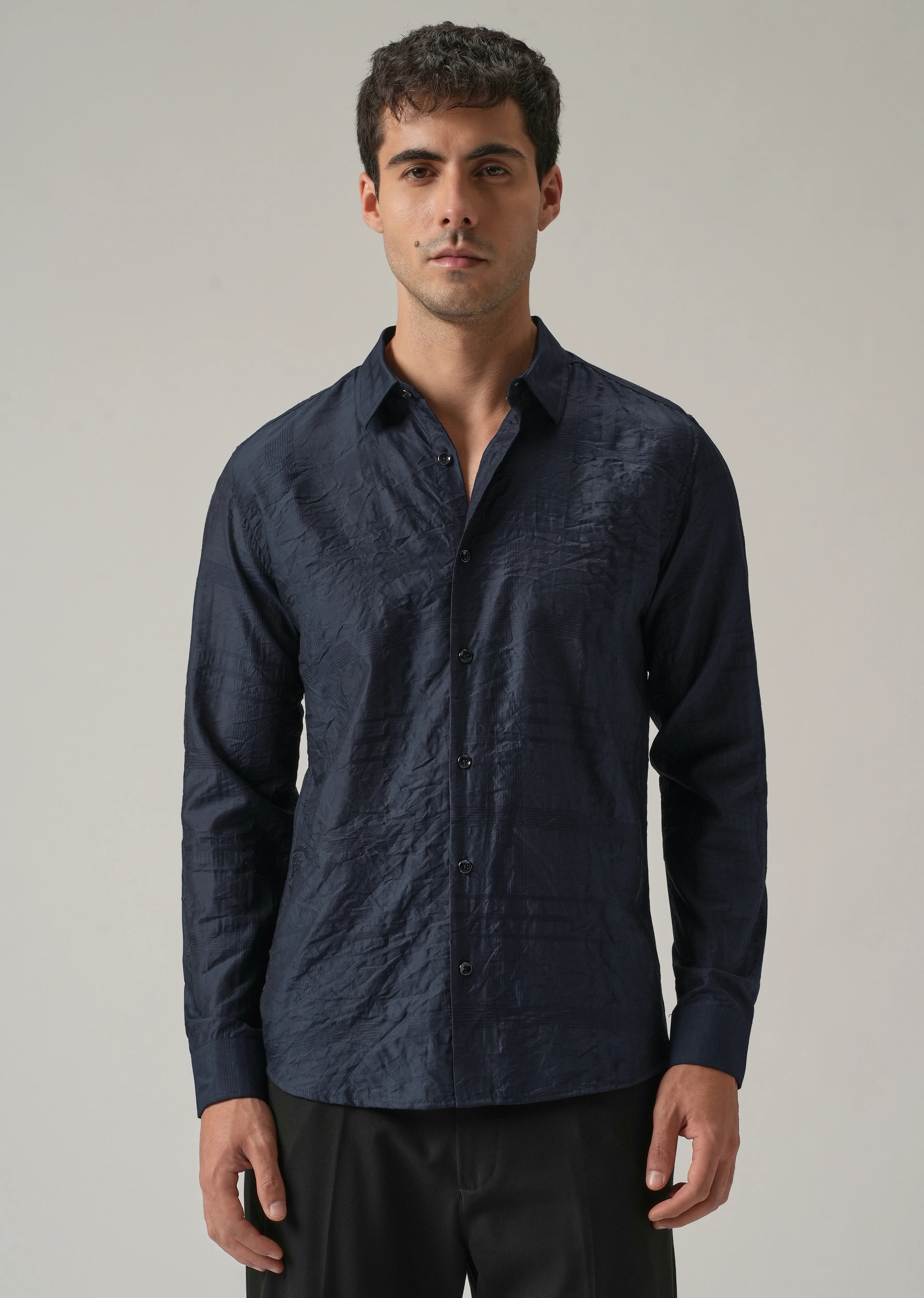 Blue Crinkled Self Stripe Shirt - Image 3