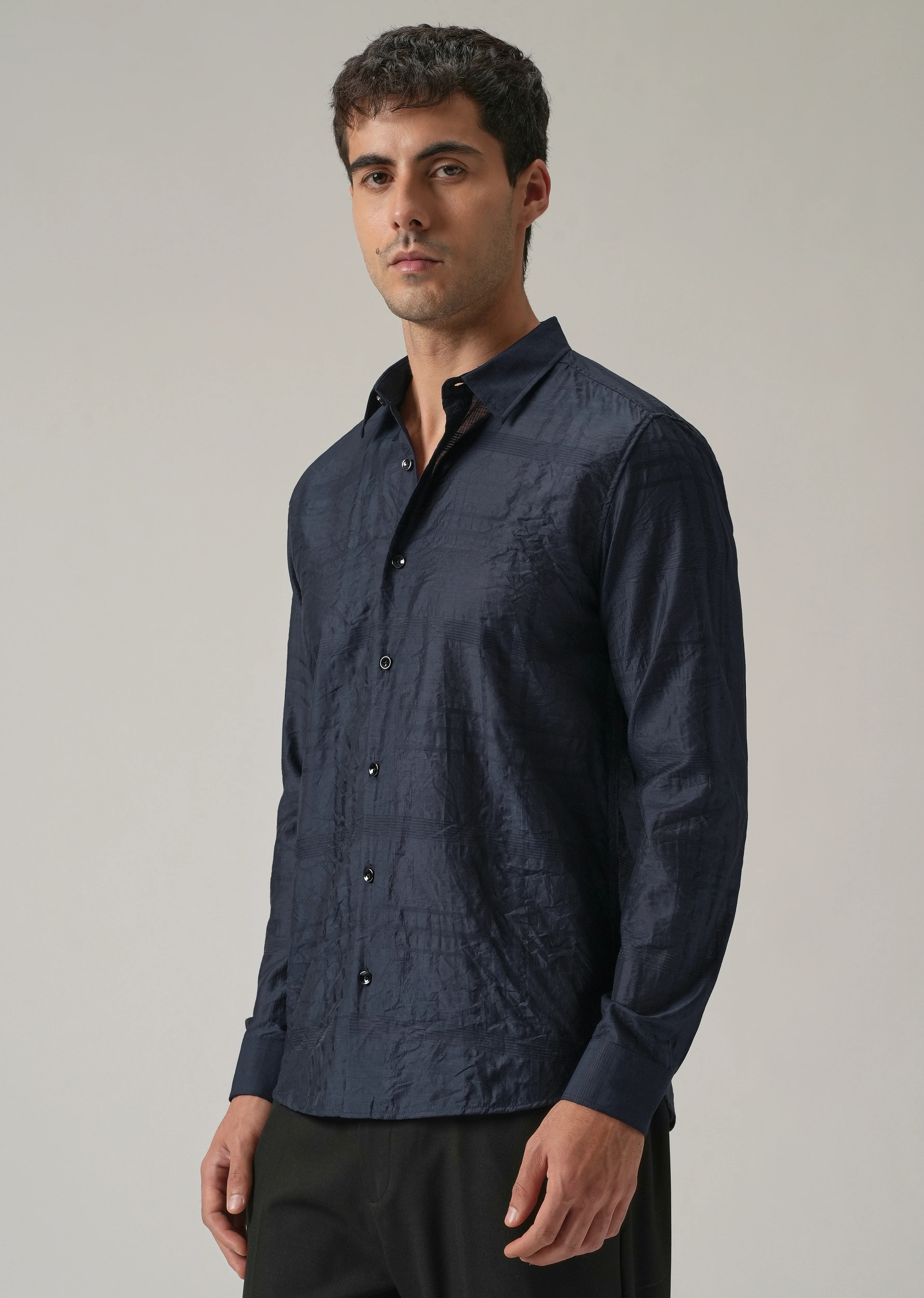 Blue Crinkled Self Stripe Shirt - Image 4