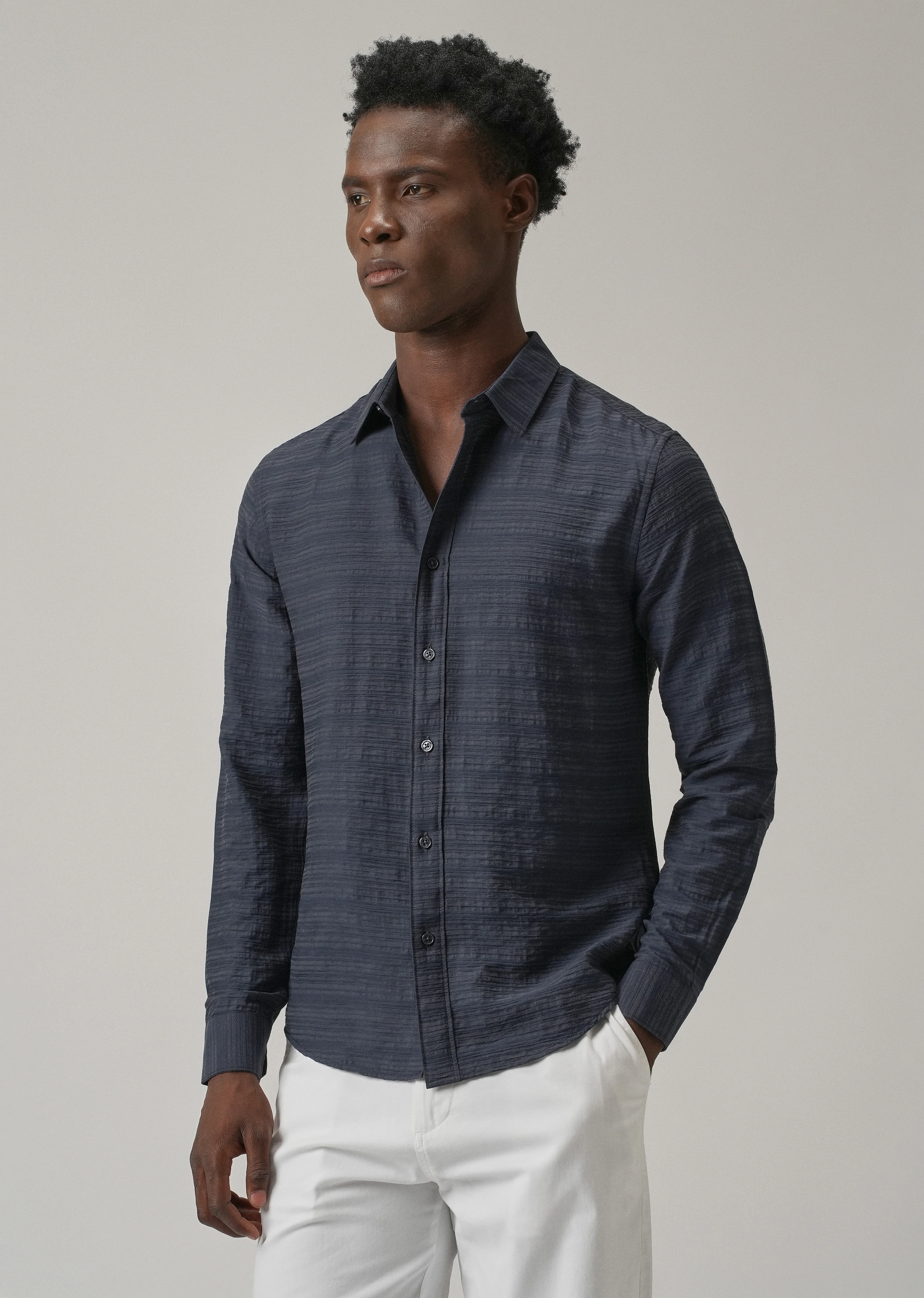 Blue Crushed Self Stripe Shirt - Image 4