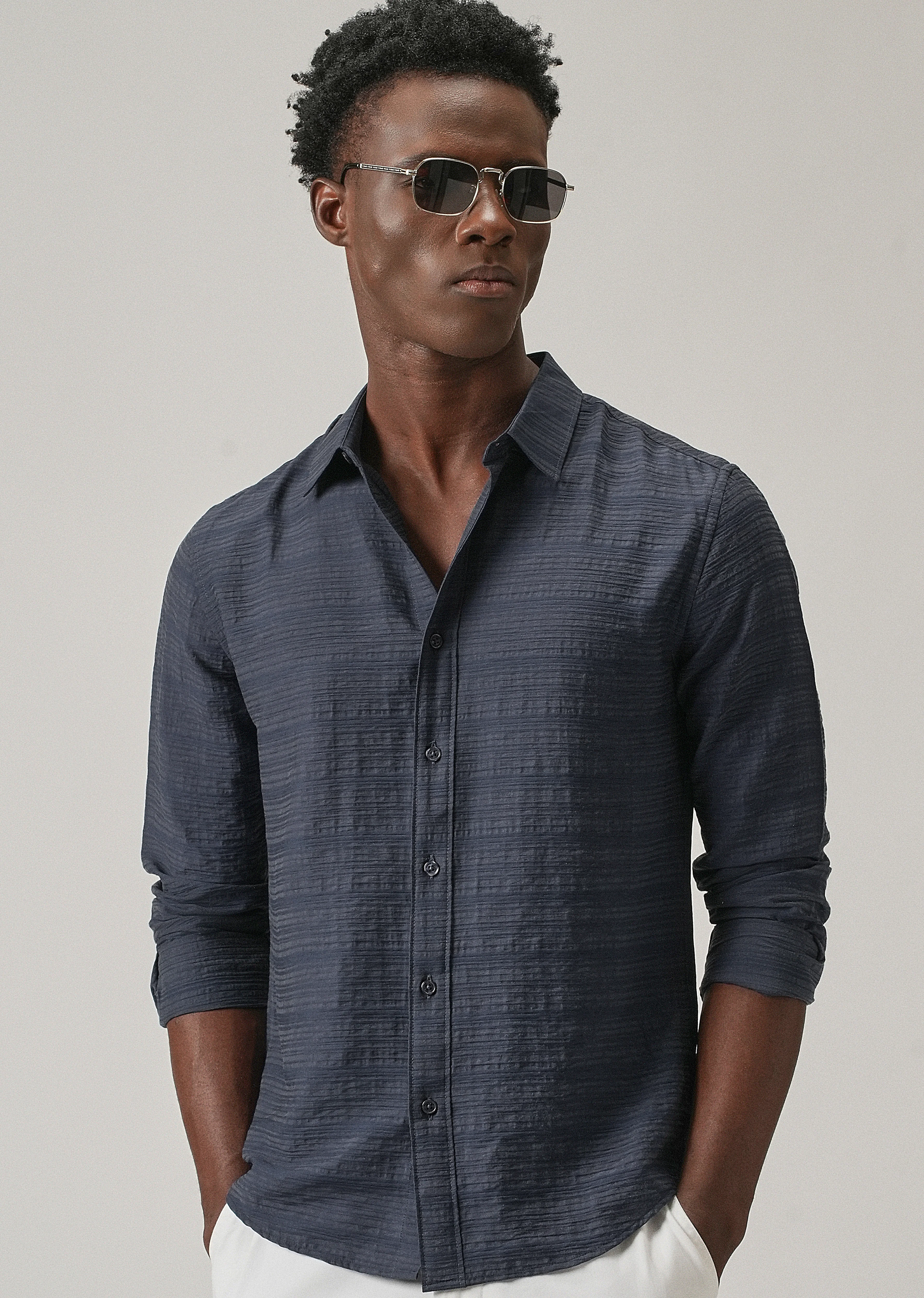 Blue Crushed Self Stripe Shirt - Image 7