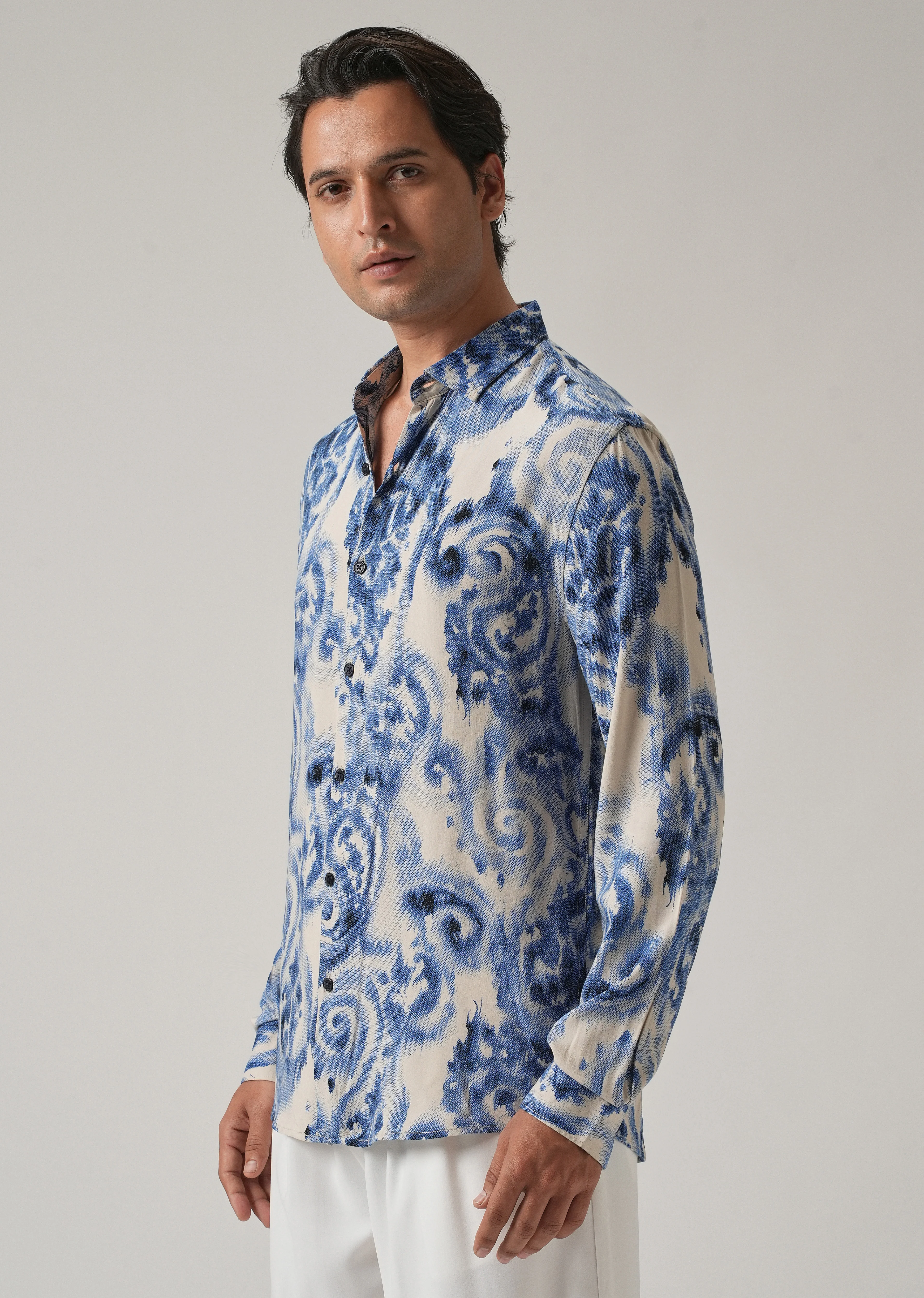 Blue Distort Paisley Print Feather Shirt - Image 4