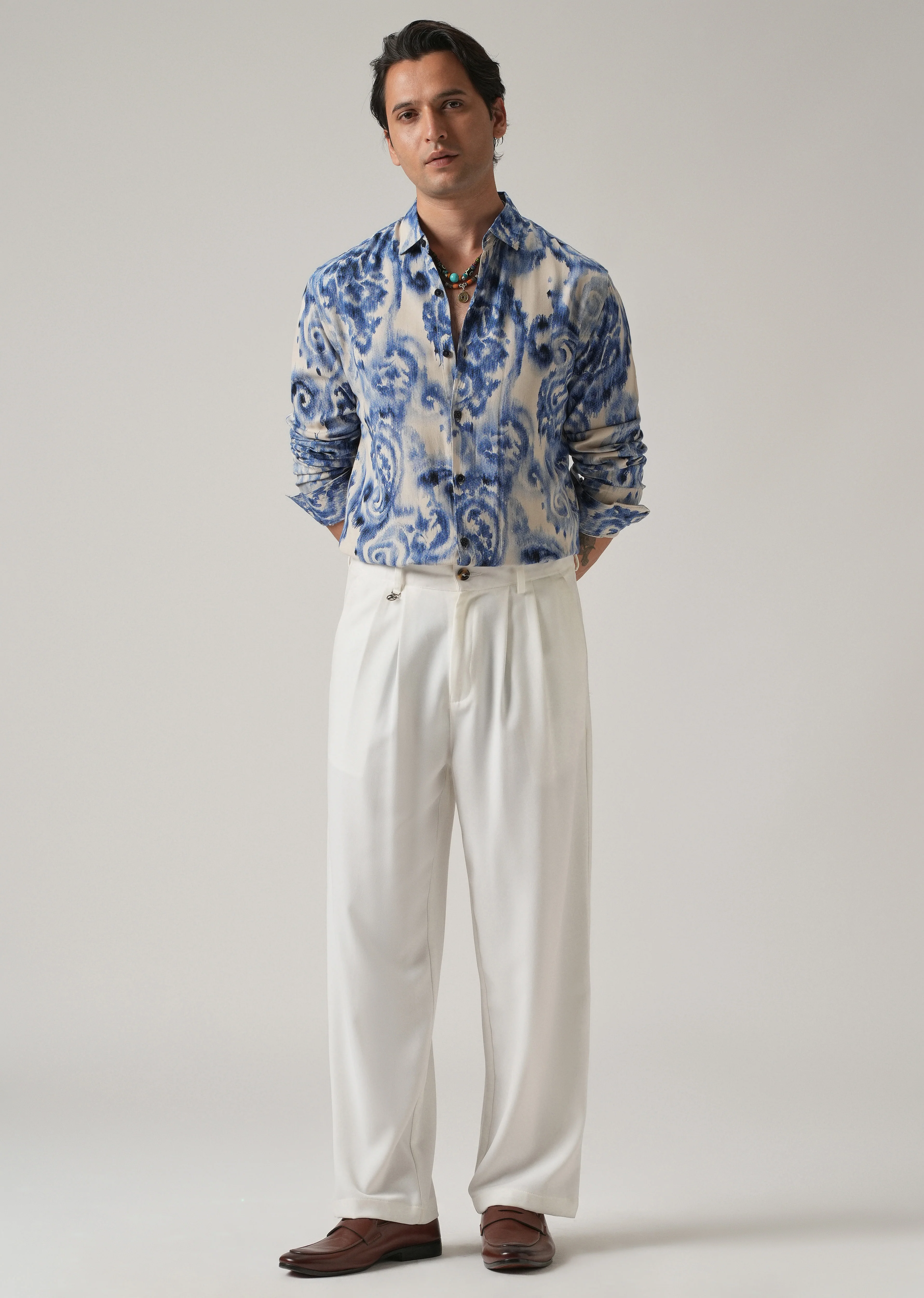 Blue Distort Paisley Print Feather Shirt - Image 6