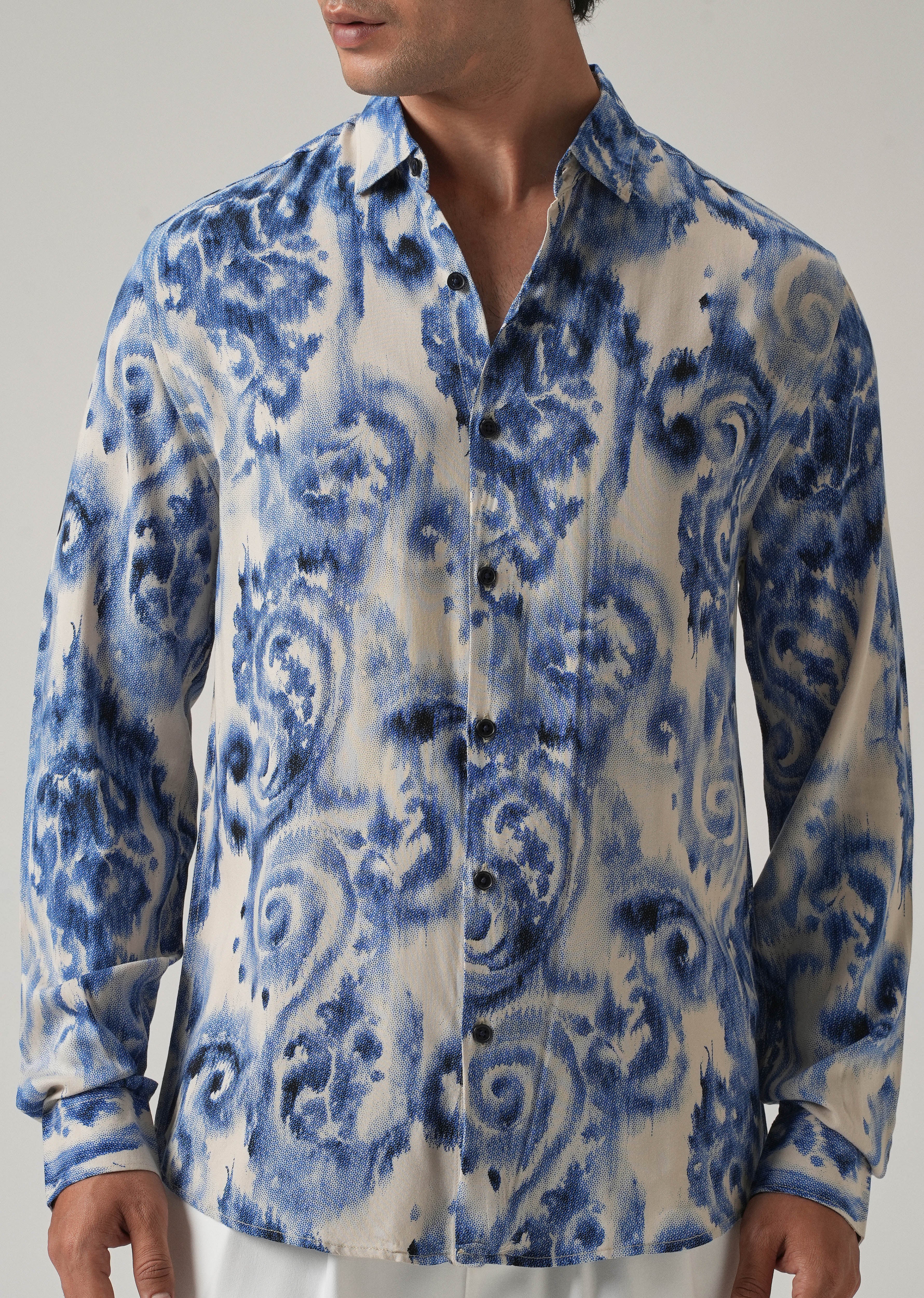 Blue Distort Paisley Print Feather Shirt - Image 7