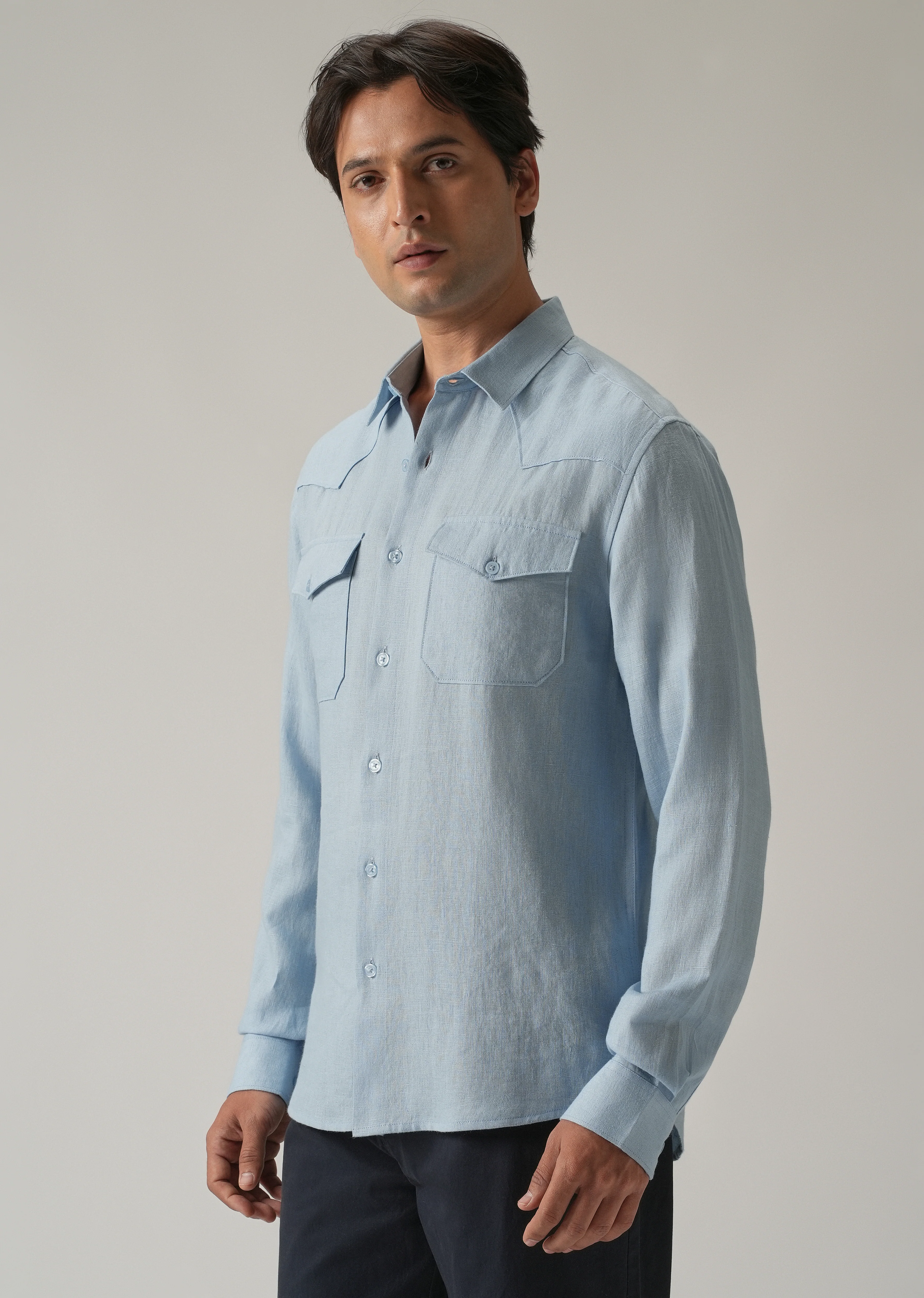 Blue Double Pocket 100% Pure Irish Linen Shirt - Image 4