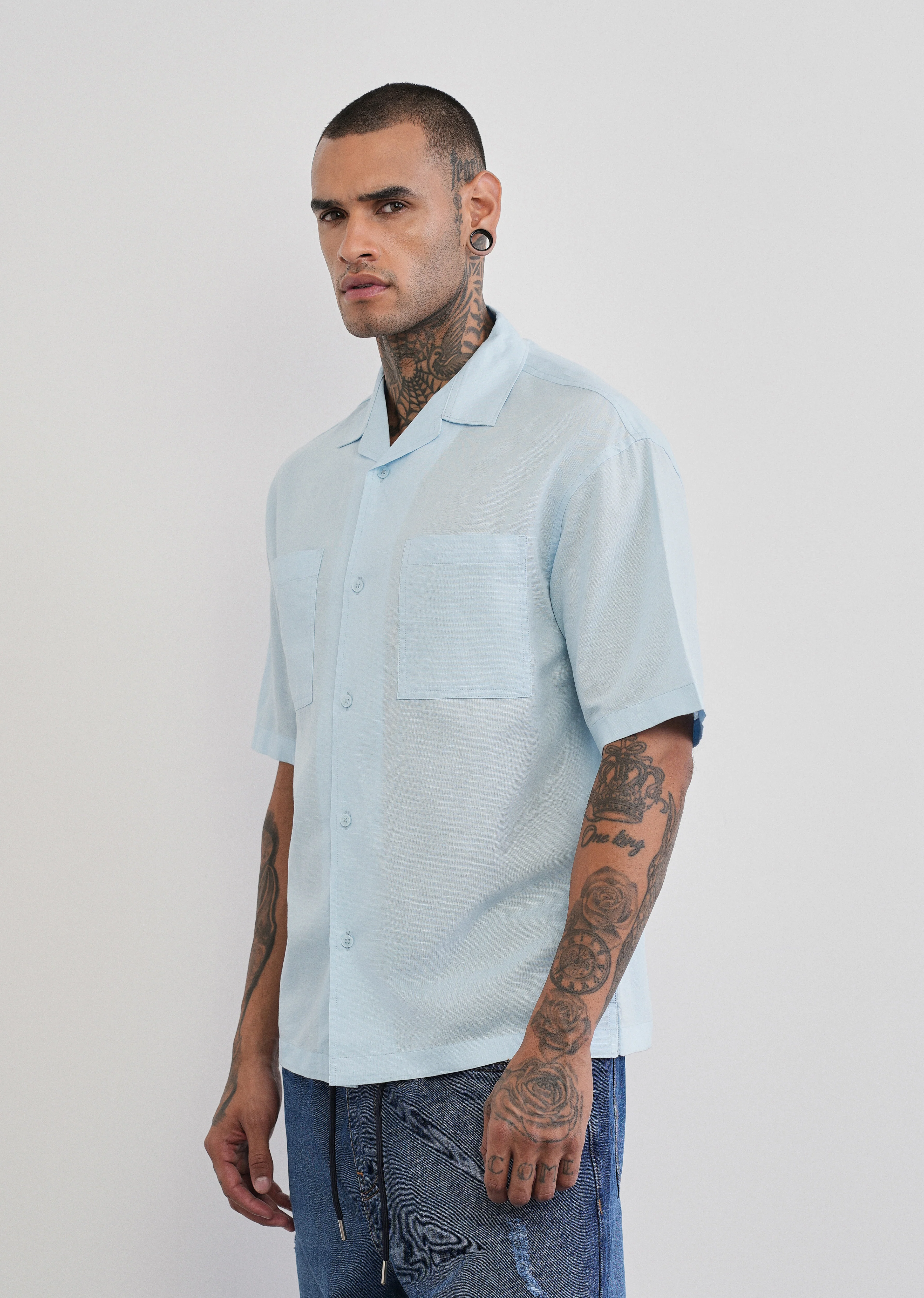 Blue Double Pocket Cotton Linen Shirt - Image 4
