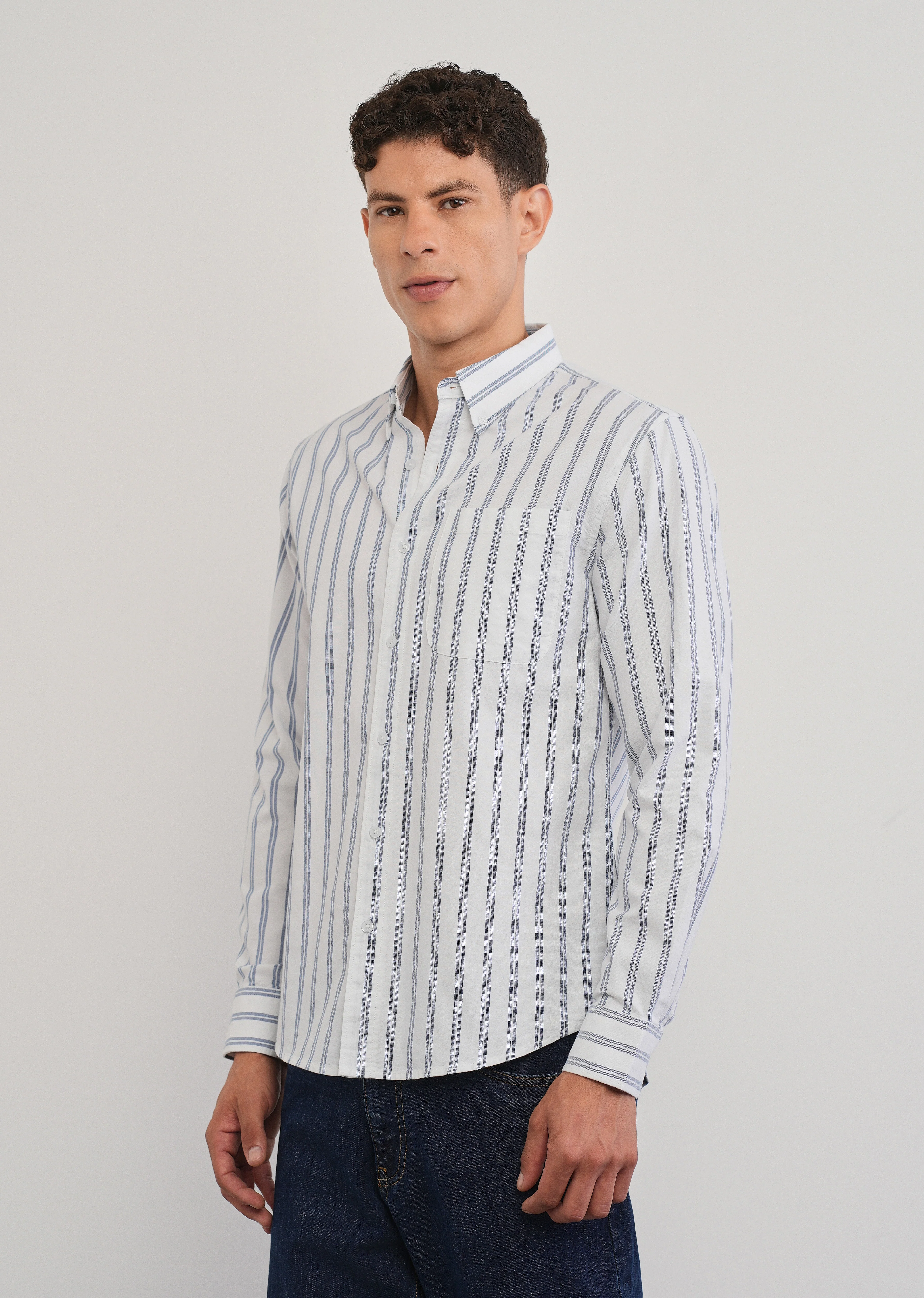 Blue Double Stripe Cotton Shirt - Image 4
