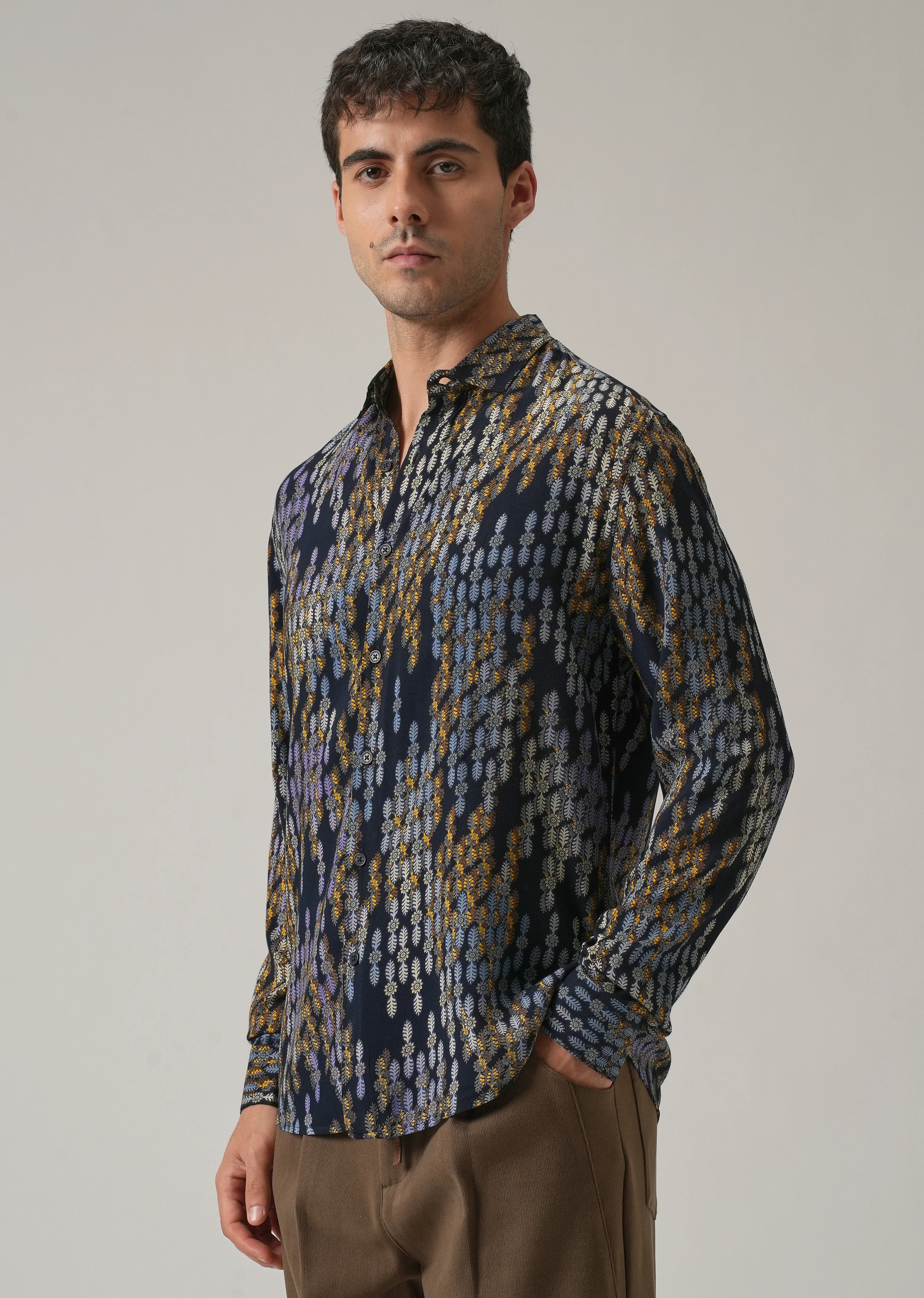Blue Ethnic Print Feather Shirt - Image 4