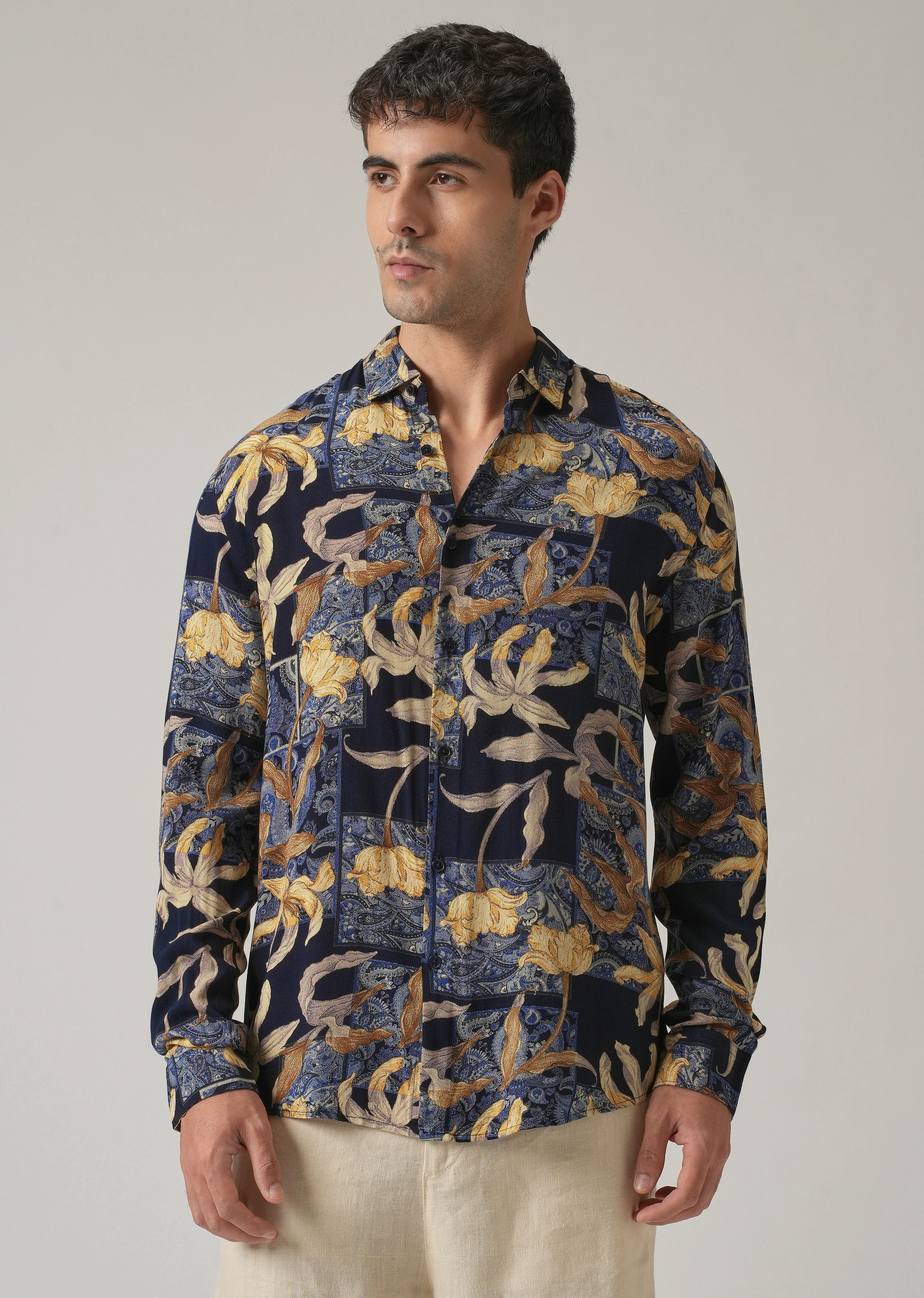 Blue Exotic Lily Print Feather Shirt - Image 3