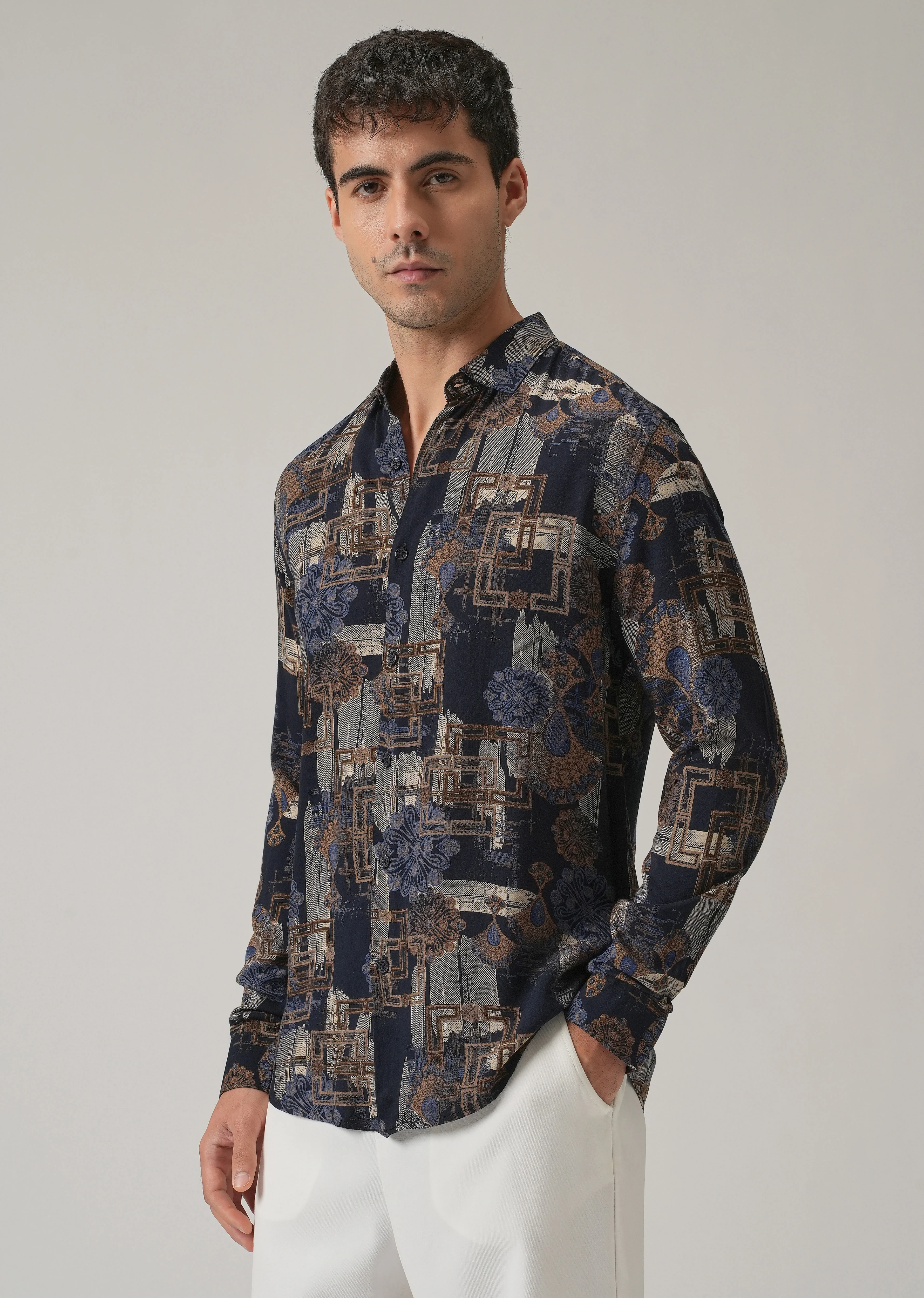 Blue Flora Grid Print Feather Shirt - Image 4