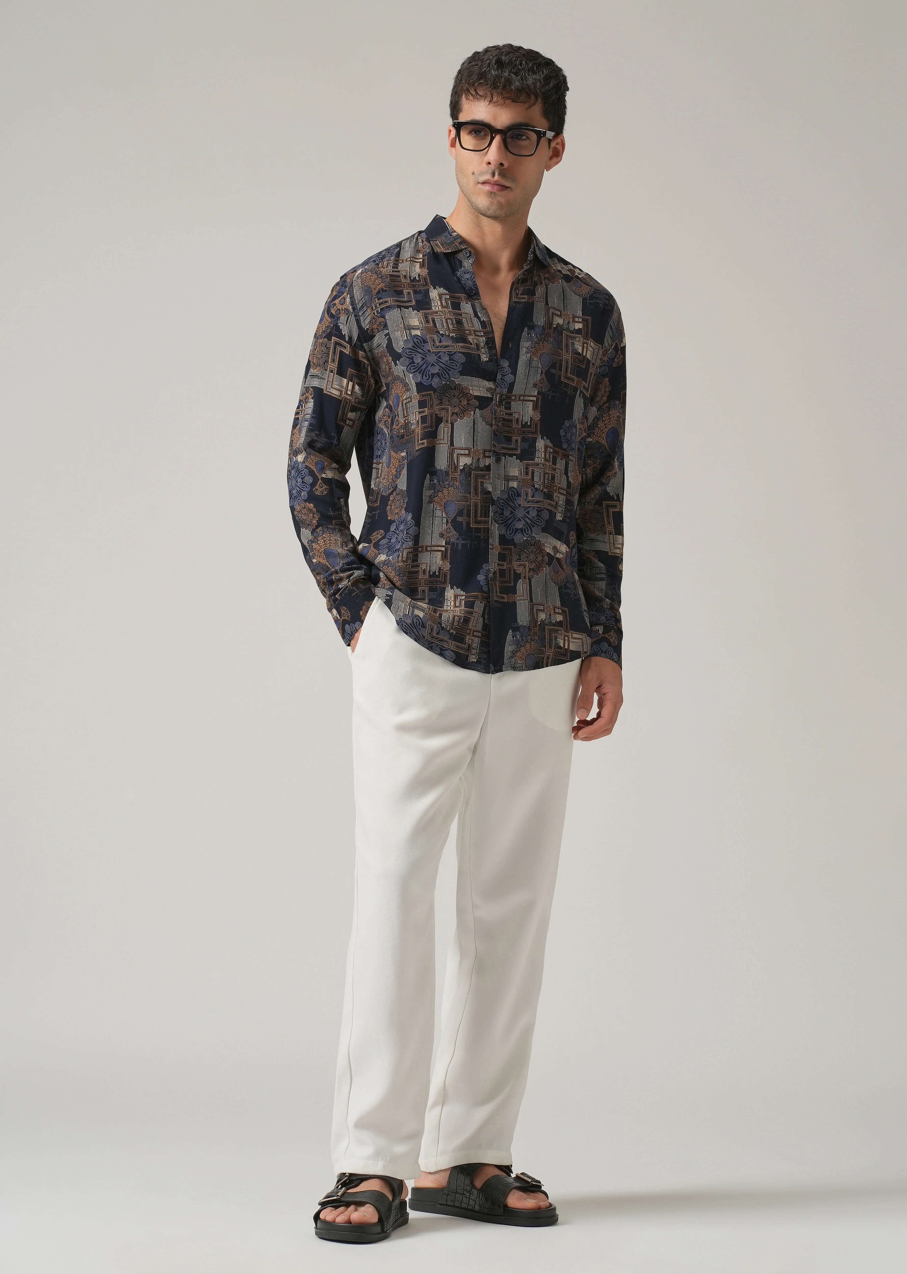Blue Flora Grid Print Feather Shirt - Image 6